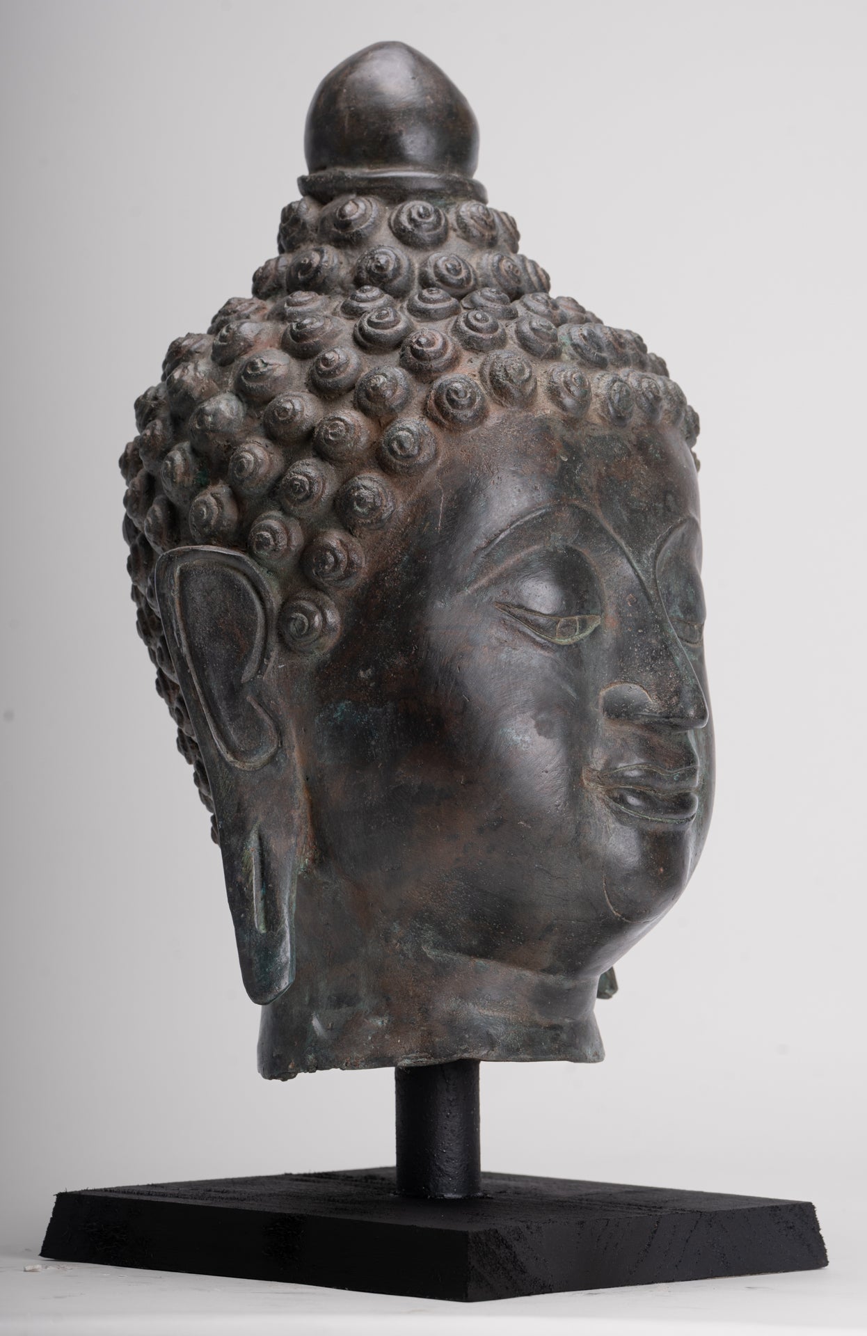 Buddha Head - Antique Thai Style Chiang Saen Mounted Bronze Buddha Head - 45cm/18"