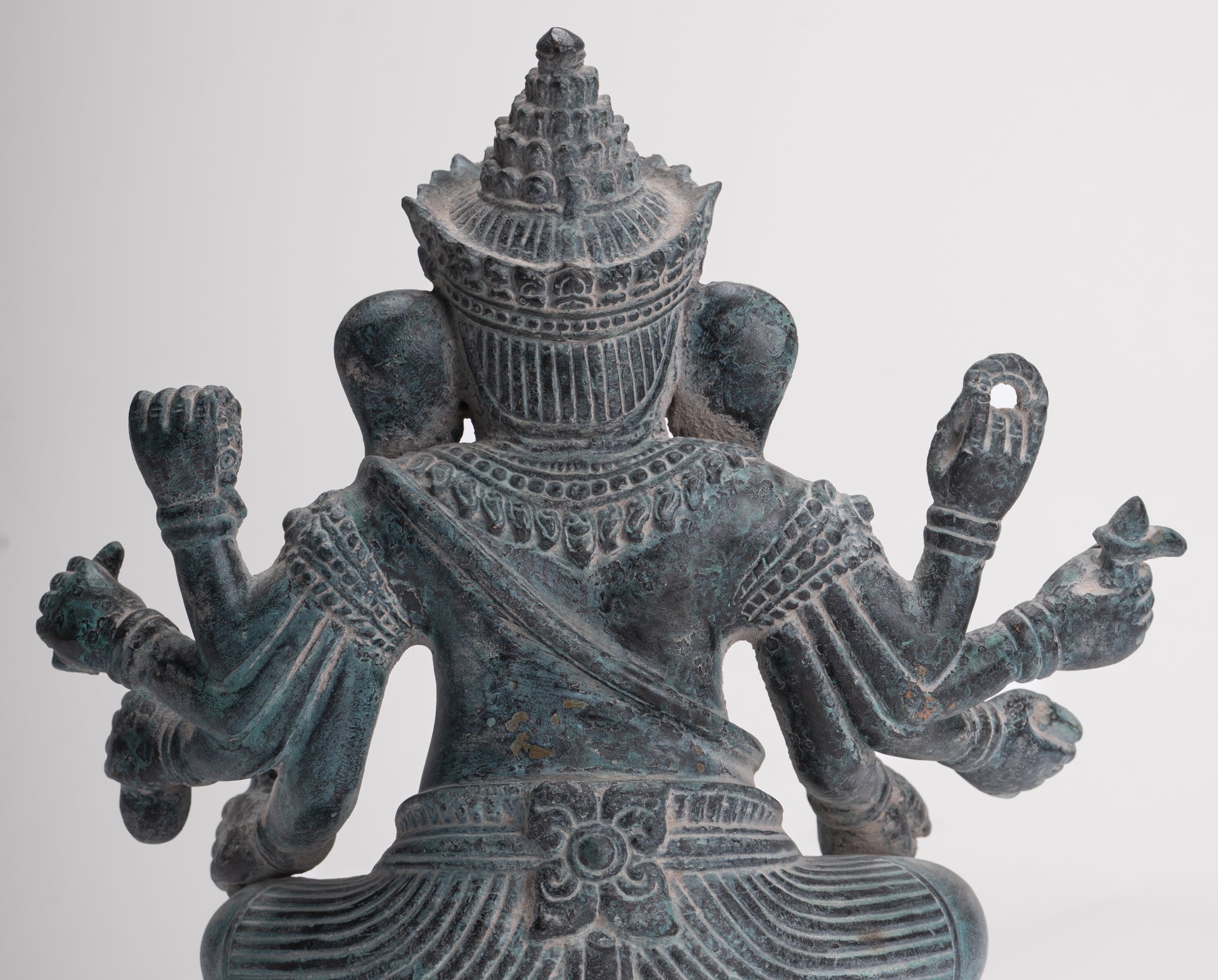 Ganesha Statue - Antique Khmer Style Enthroned Angkor Wat 8 Arm Ganesh Statue - 22cm/9"