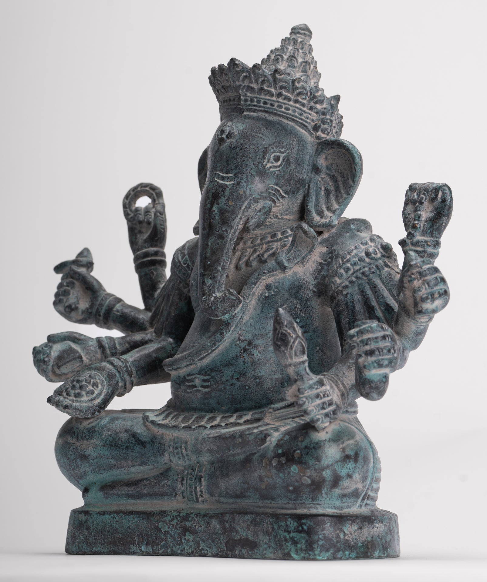 Ganesha Statue - Antique Khmer Style Enthroned Angkor Wat 8 Arm Ganesh Statue - 22cm/9"
