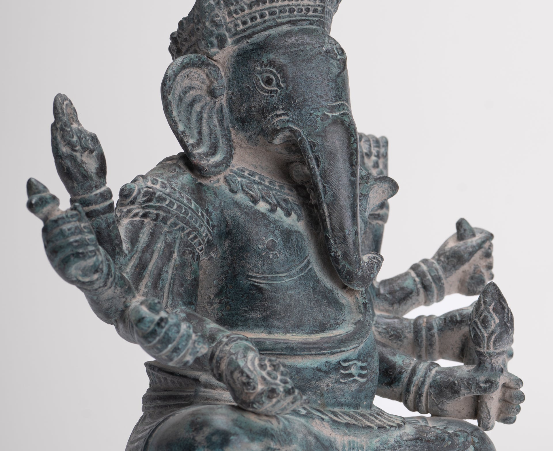 Ganesha Statue - Antique Khmer Style Enthroned Angkor Wat 8 Arm Ganesh Statue - 22cm/9"