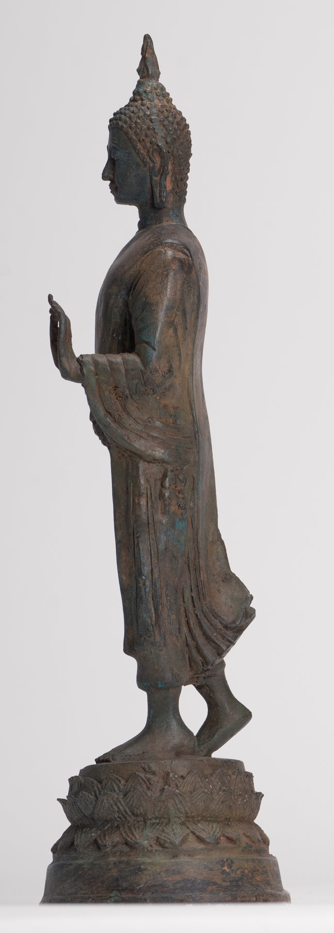 Antique Sukhothai Style Standing Bronze Thai Protection Walking Buddha Statue - 30cm/12"