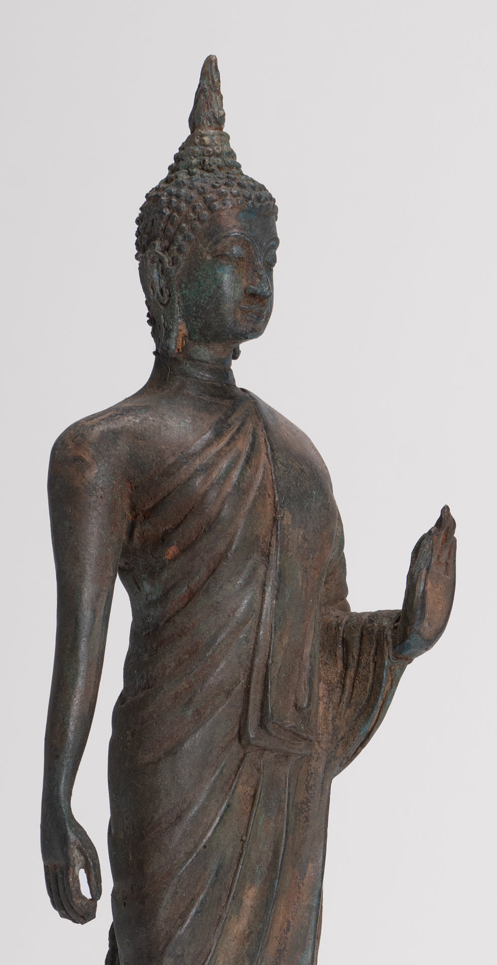Antique Sukhothai Style Standing Bronze Thai Protection Walking Buddha Statue - 30cm/12"