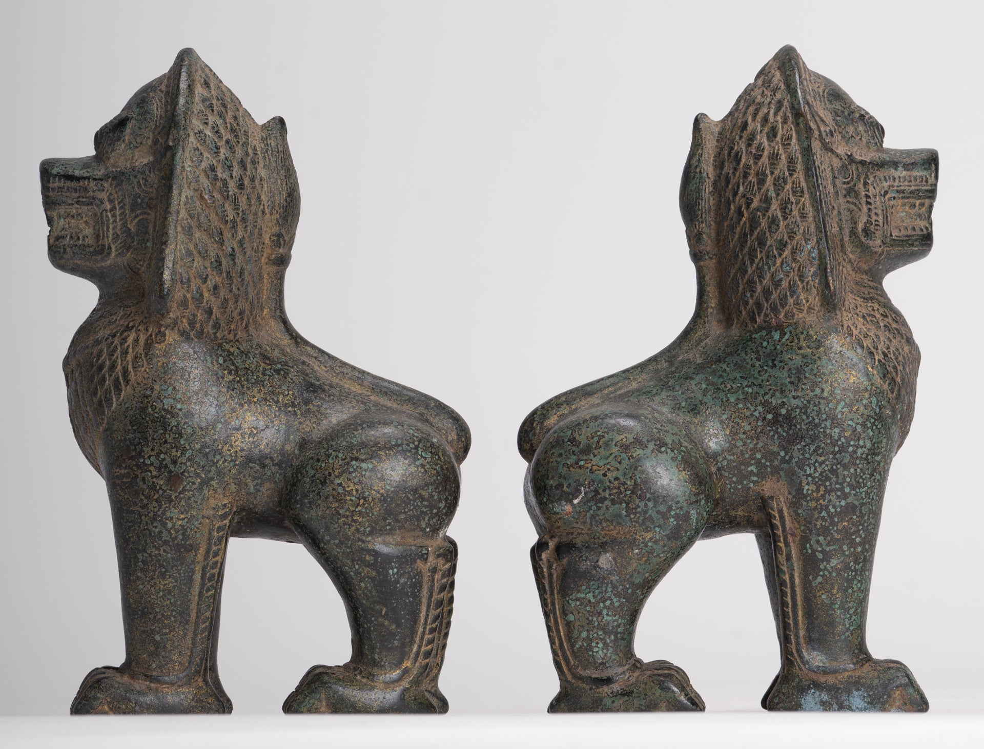 Temple Lions - Antique Khmer Style Bronze Standing Temple Guardian or Lions (Pair) - 20cm/8"
