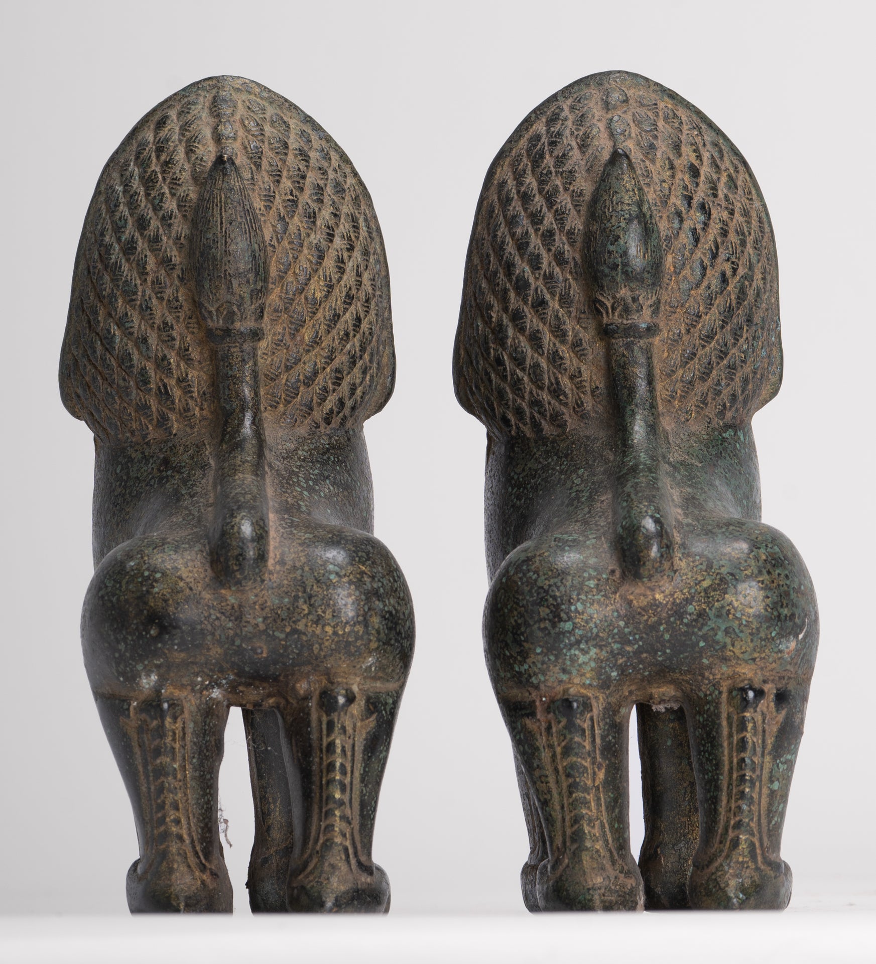 Temple Lions - Antique Khmer Style Bronze Standing Temple Guardian or Lions (Pair) - 20cm/8"