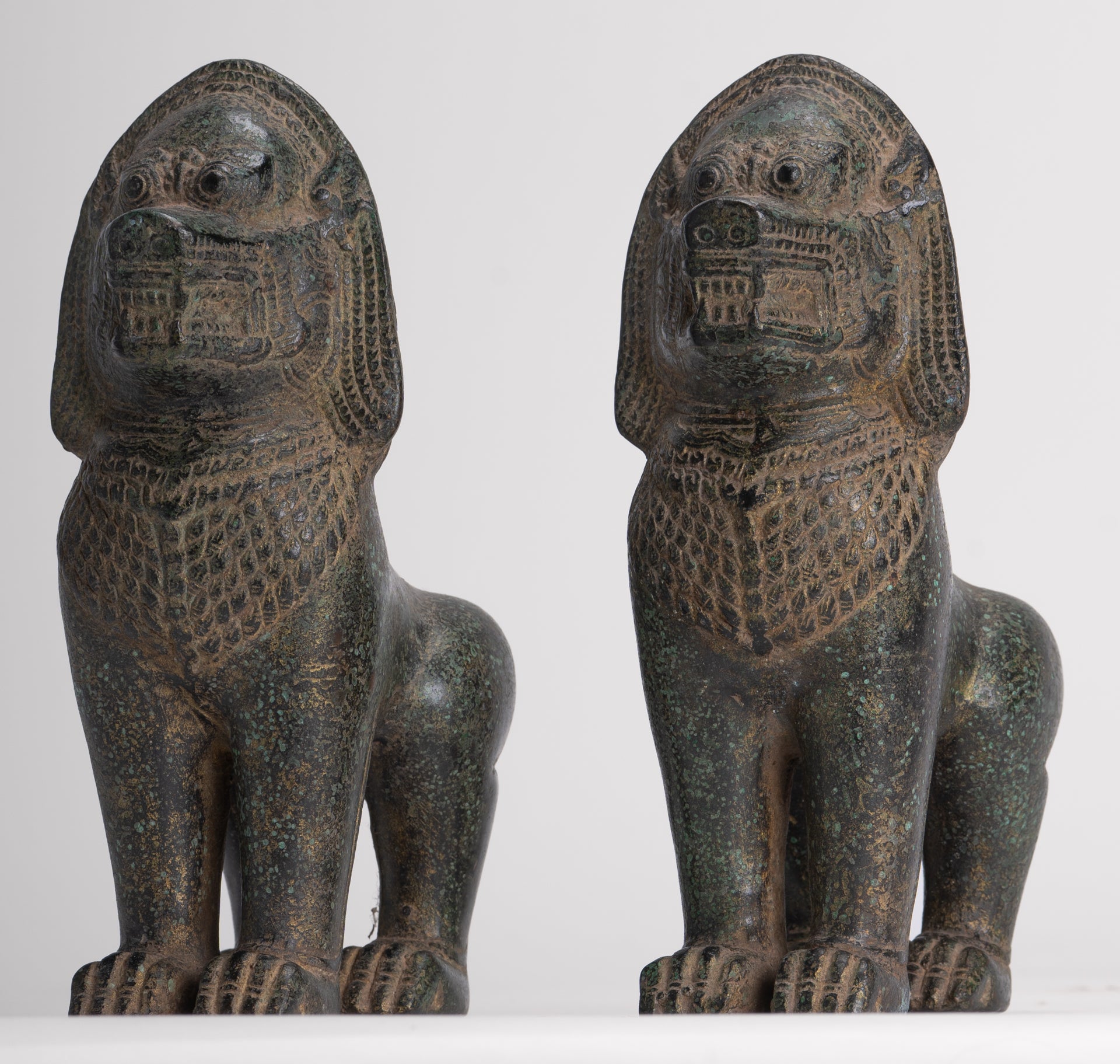 Temple Lions - Antique Khmer Style Bronze Standing Temple Guardian or Lions (Pair) - 20cm/8"