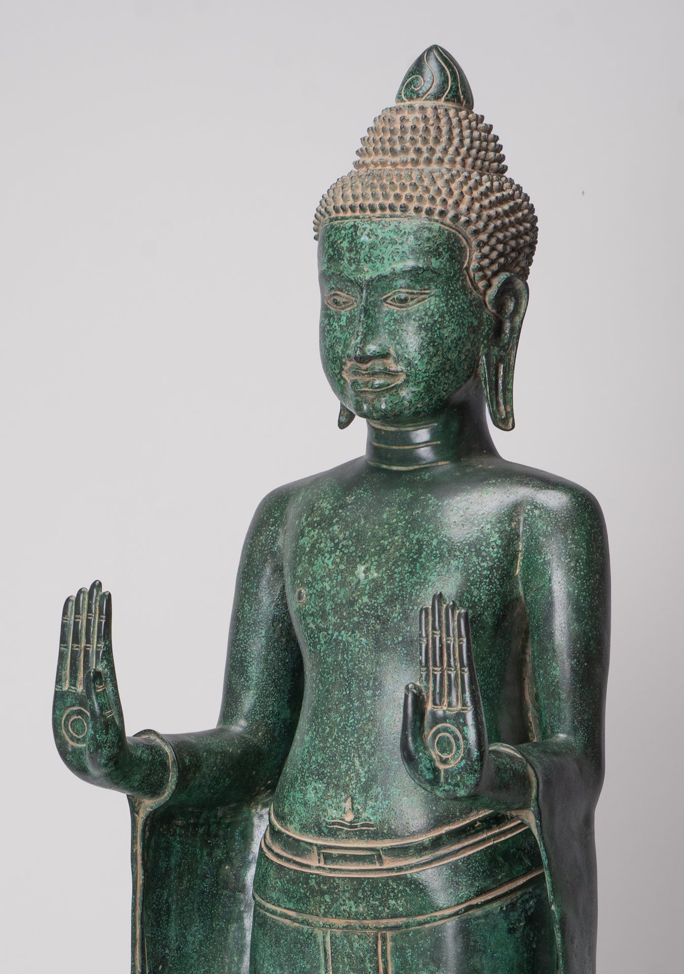 Large Buddha Statue - Antique Khmer Style Bronze Standing Abhaya Protection Buddha Statue - 123cm/49"