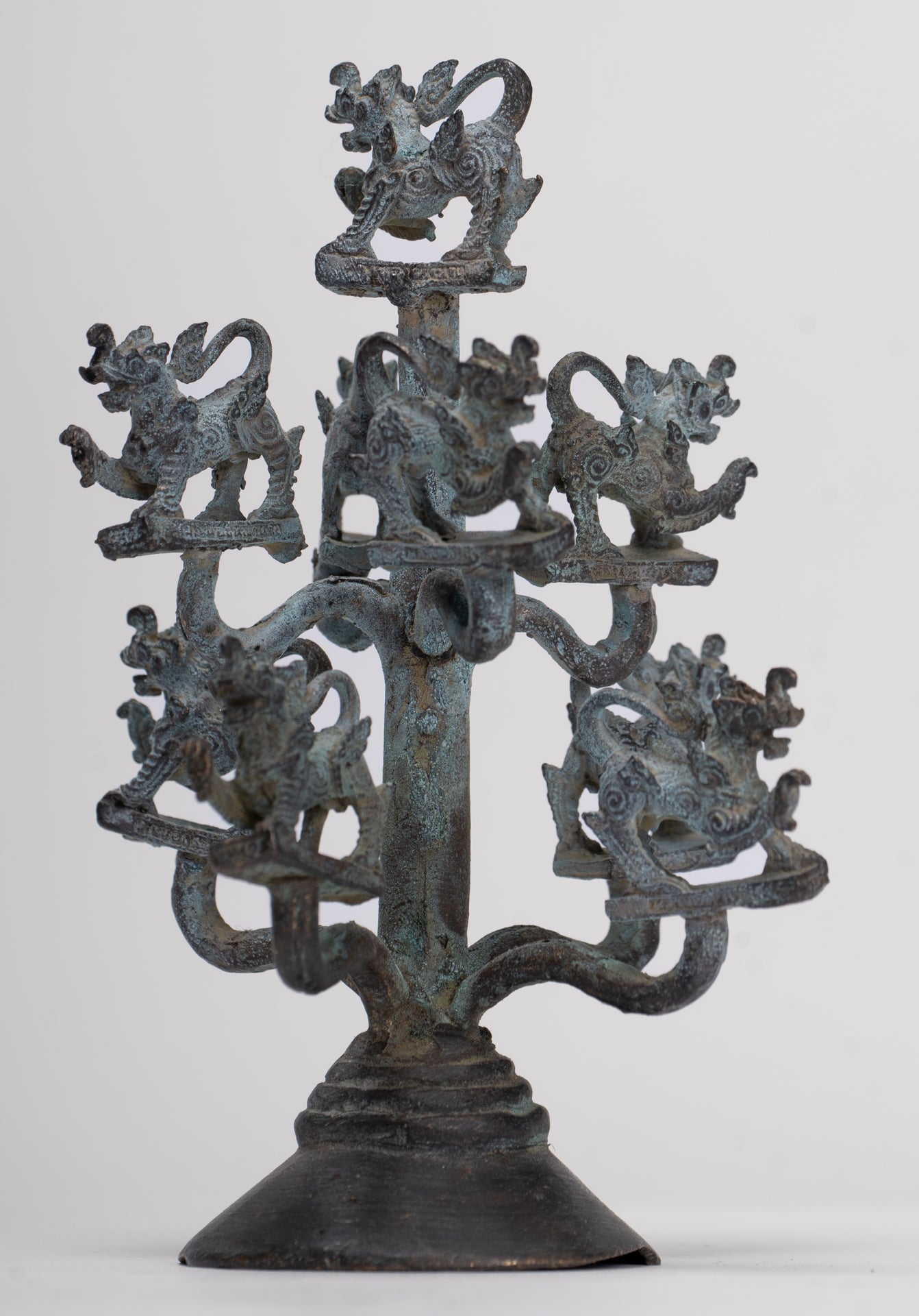 Singha Sculpture - Antique Thai Style Bronze Bodhi Tree of Thai Singha or Temple Lions/Guardians Statues - 11cm/4"