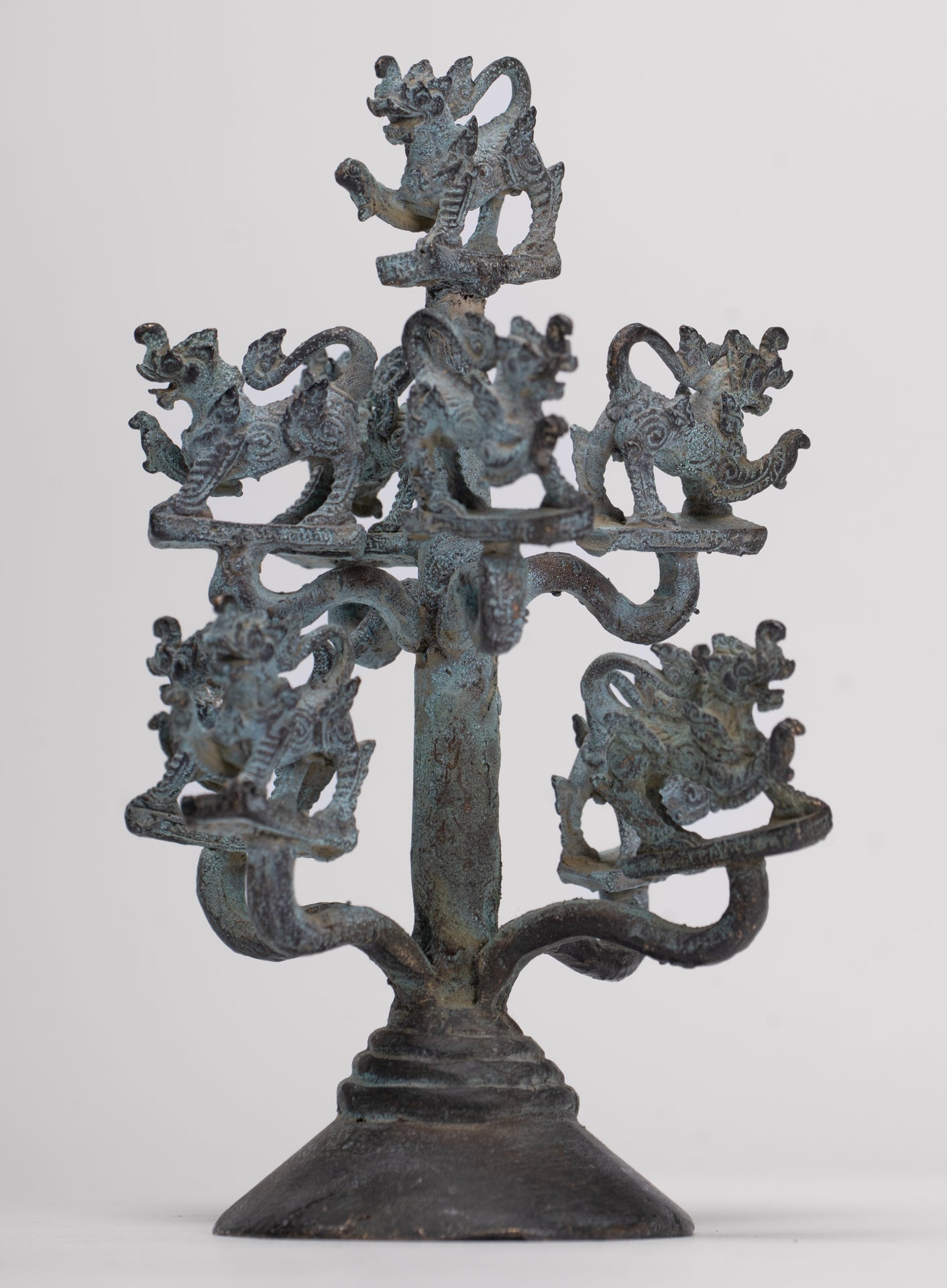 Singha Sculpture - Antique Thai Style Bronze Bodhi Tree of Thai Singha or Temple Lions/Guardians Statues - 11cm/4"
