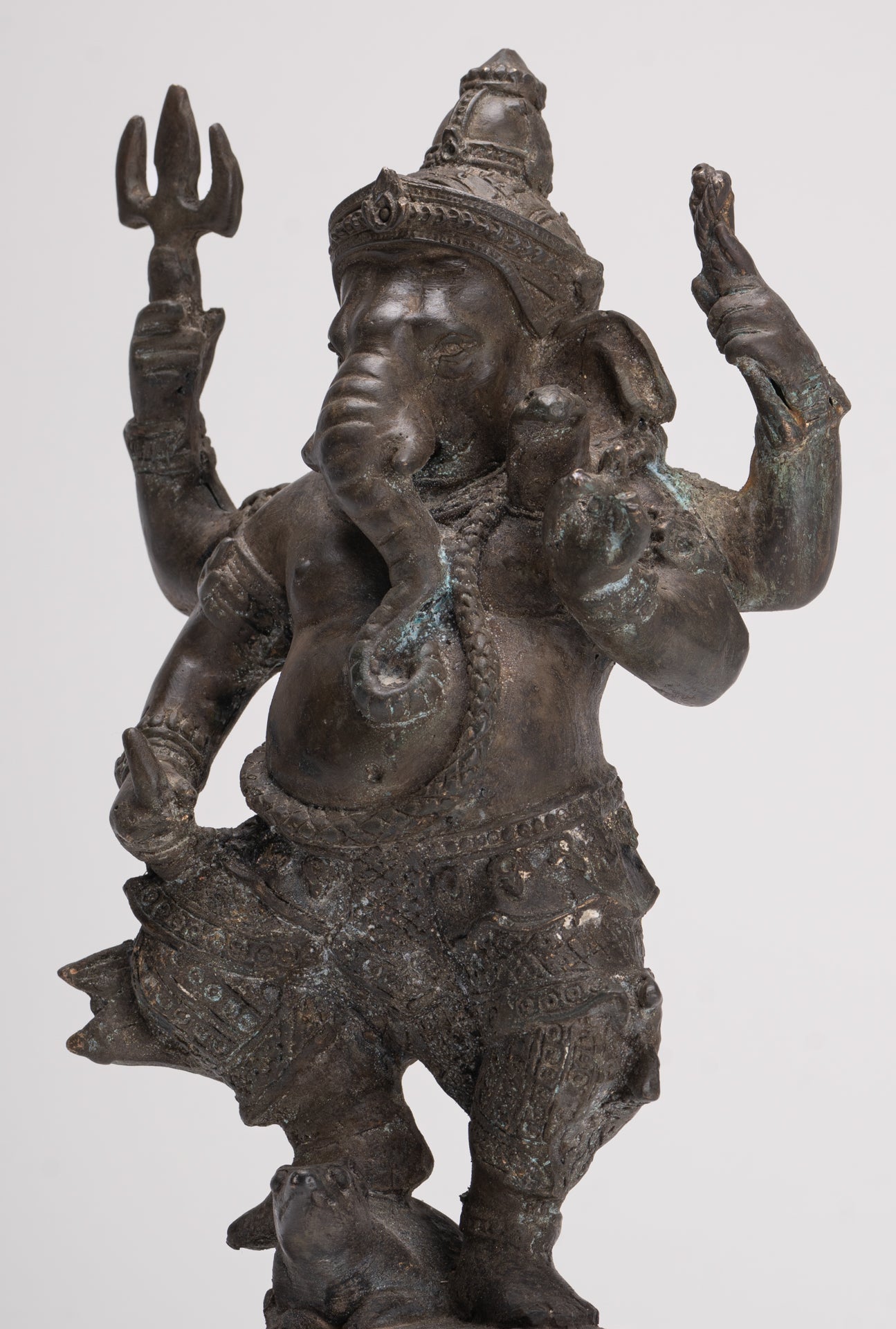 Ganesha Statue - Antique Thai Style Bronze Standing 4-Arm Ganesha Statue - 26cm/10"