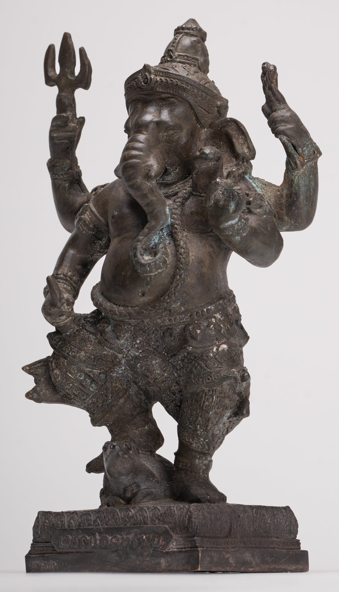 Ganesha Statue - Antique Thai Style Bronze Standing 4-Arm Ganesha Statue - 26cm/10"