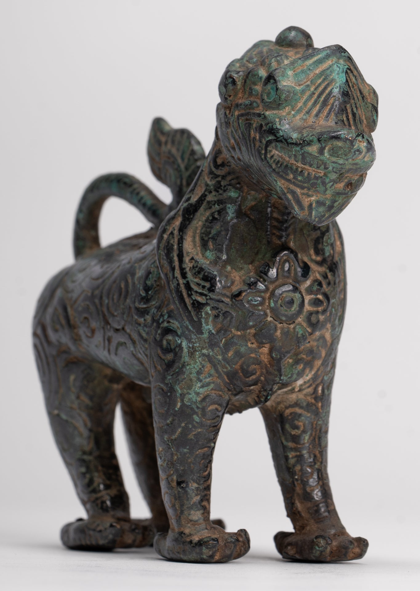 Antique Khmer Style Bronze Standing Chinthe Guardian Temple Lion - 10.5cm/4"