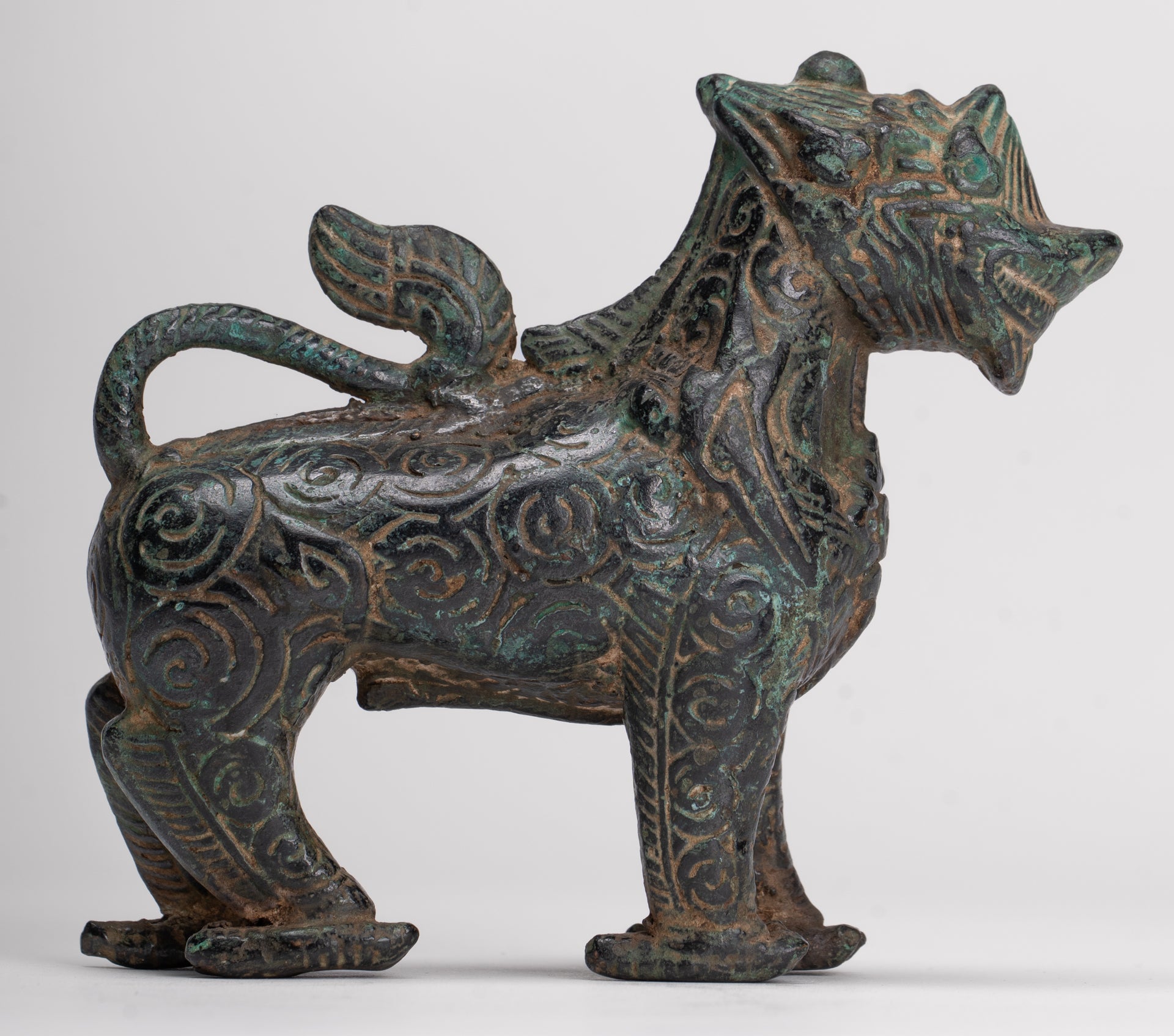 Antique Khmer Style Bronze Standing Chinthe Guardian Temple Lion - 10.5cm/4"