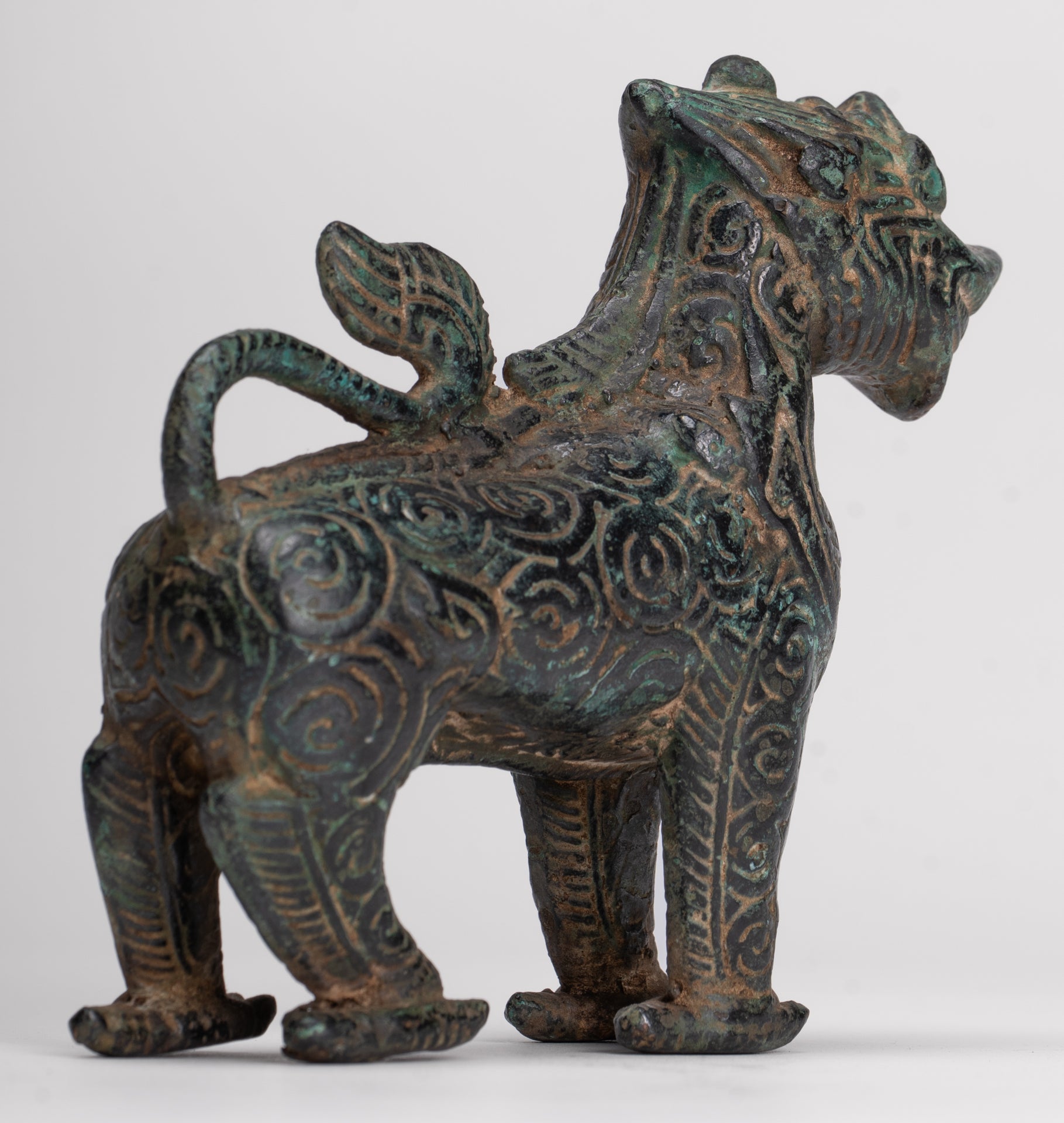 Antique Khmer Style Bronze Standing Chinthe Guardian Temple Lion - 10.5cm/4"