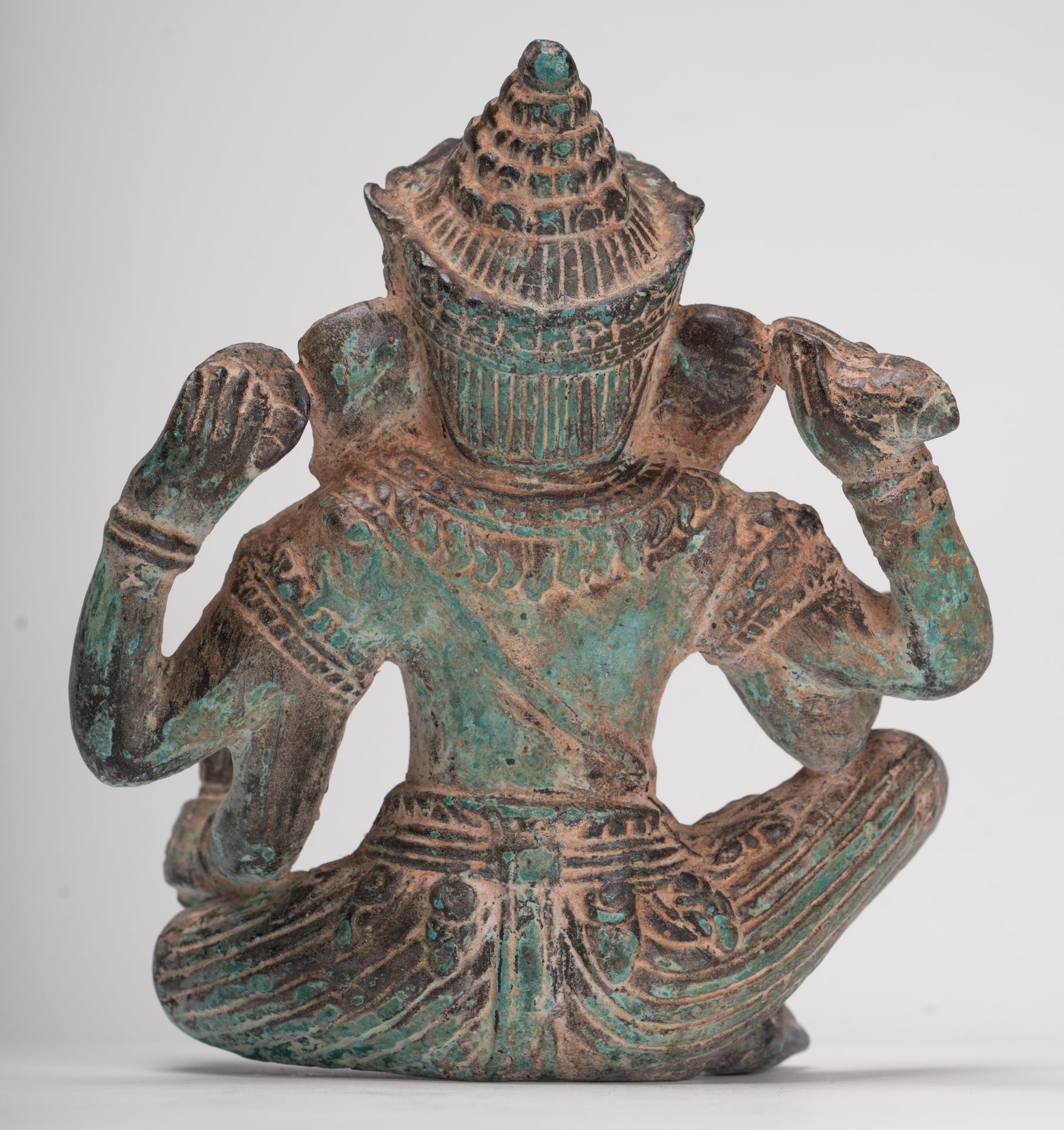 Ganesha Statue - Antique Khmer Style Angkor Wat Bronze Seated Four Arm Ganesh Statue - 19cm/8"