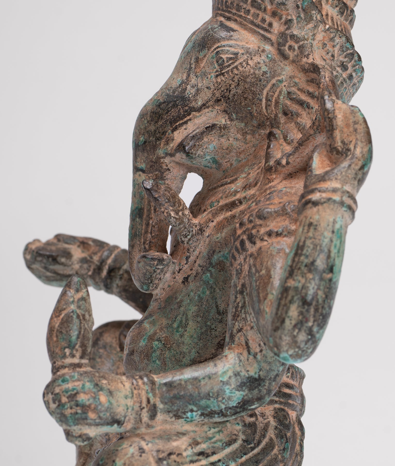 Ganesha Statue - Antique Khmer Style Angkor Wat Bronze Seated Four Arm Ganesh Statue - 19cm/8"