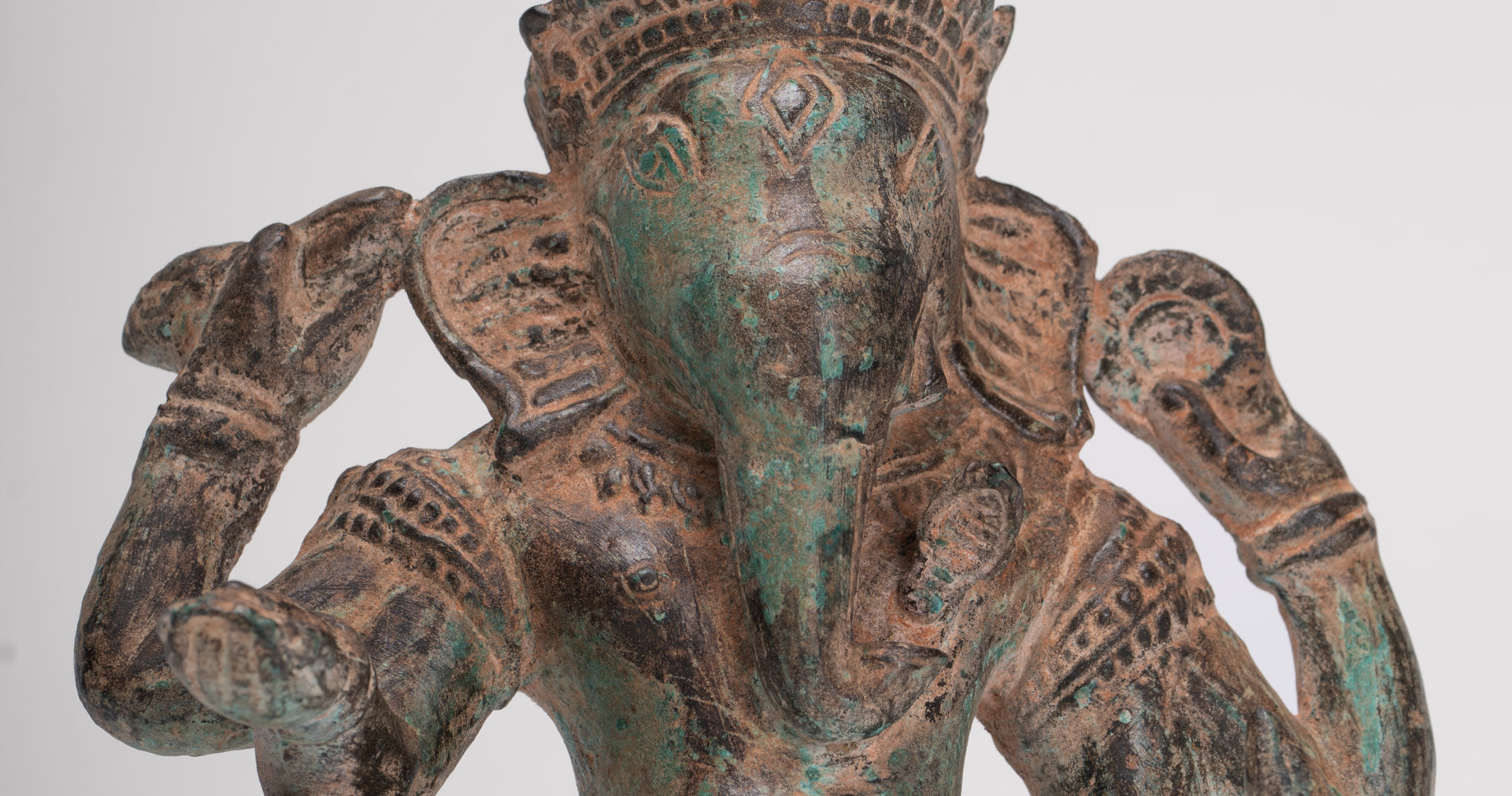 Ganesha Statue - Antique Khmer Style Angkor Wat Bronze Seated Four Arm Ganesh Statue - 19cm/8"