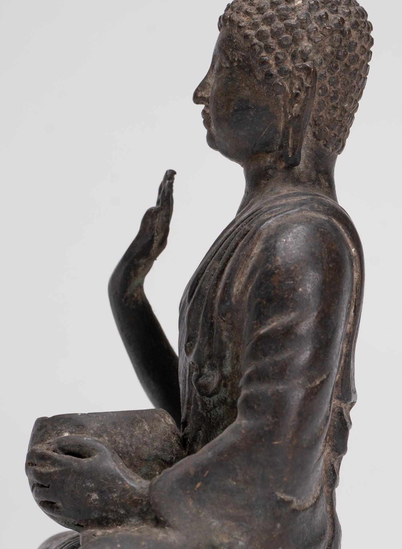 Antique Thai Style Bronze Chiang Saen Abhaya Protection Buddha Statue - 22cm/9"