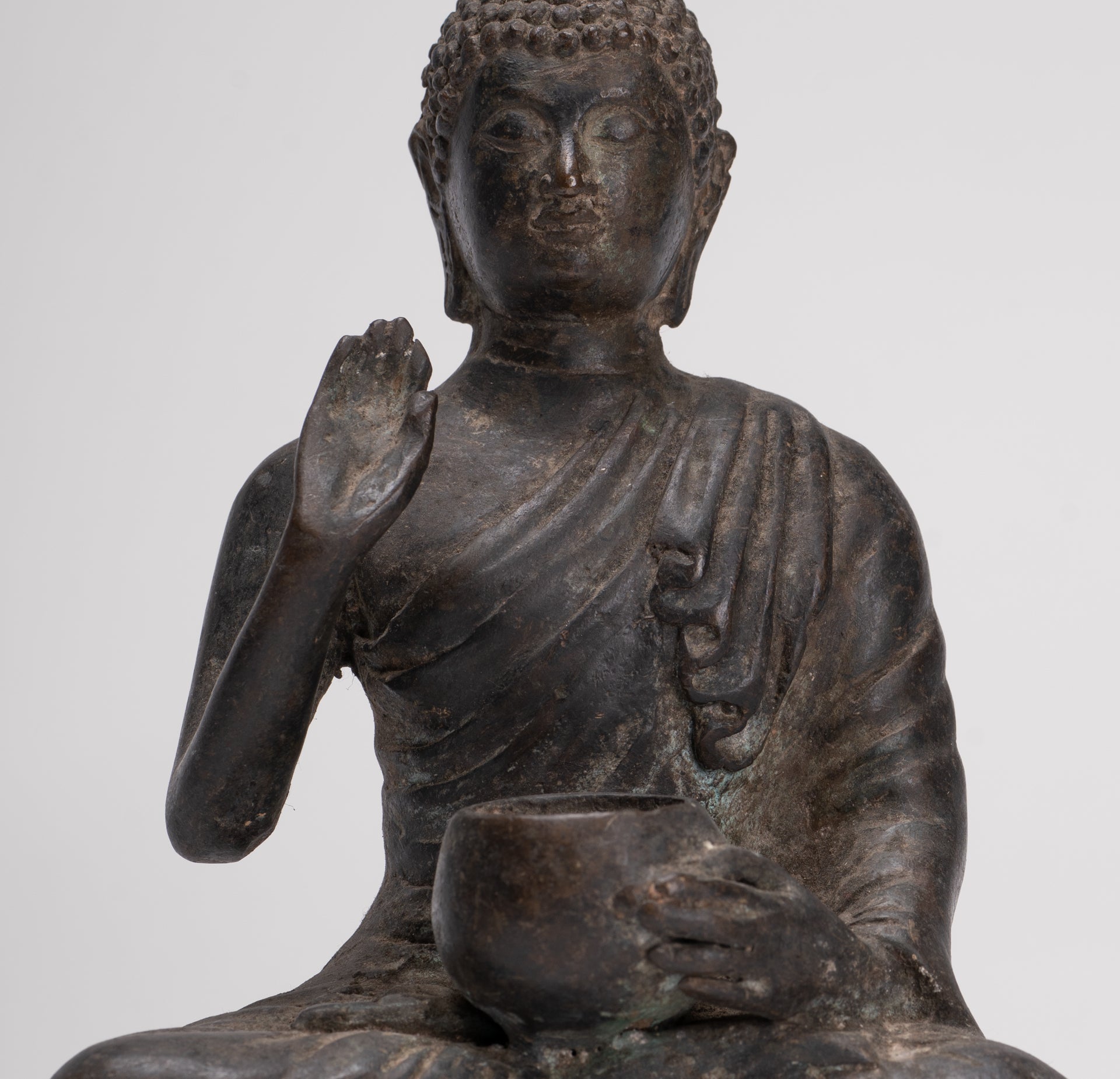 Antique Thai Style Bronze Chiang Saen Abhaya Protection Buddha Statue - 22cm/9"