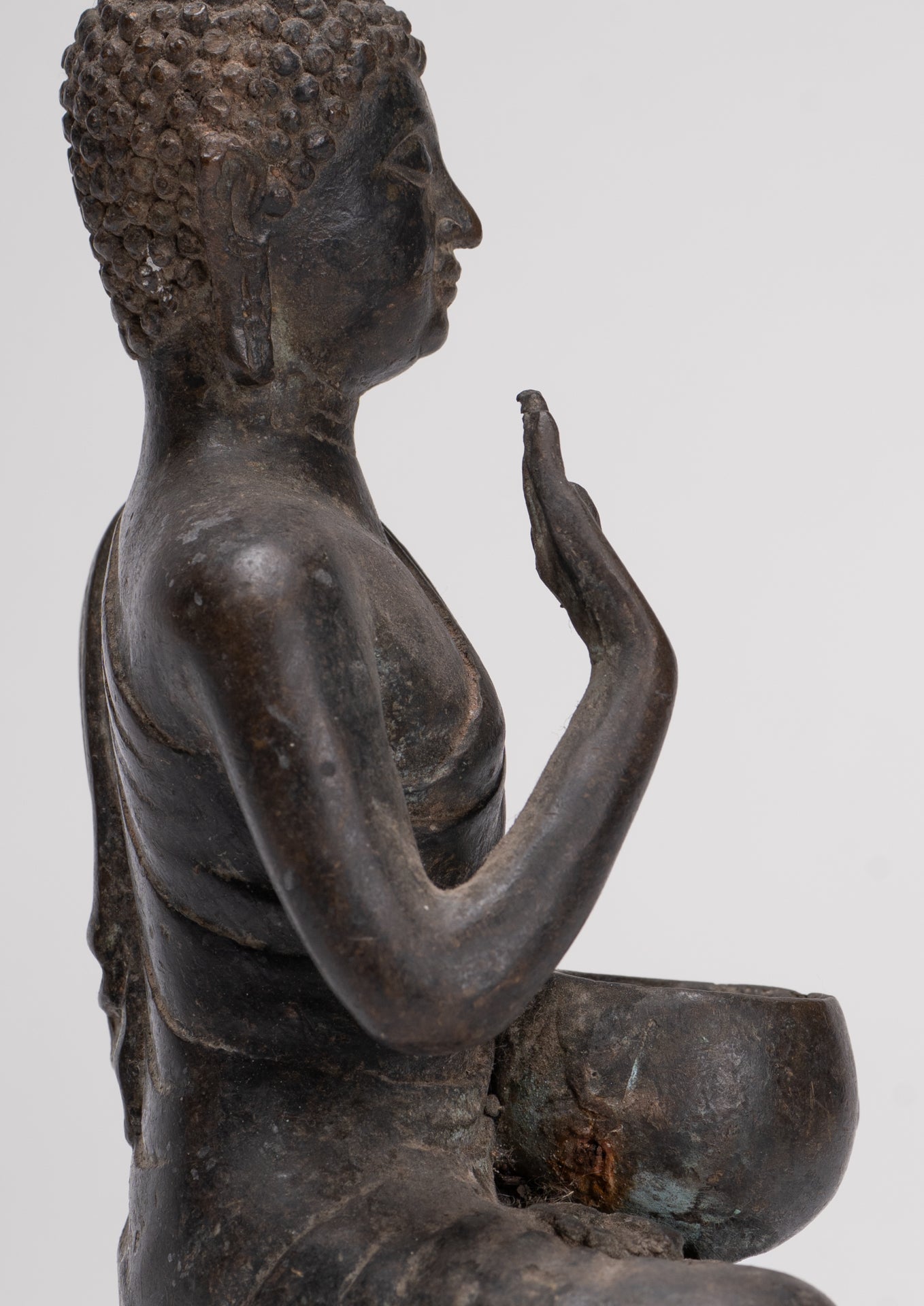 Antique Thai Style Bronze Chiang Saen Abhaya Protection Buddha Statue - 22cm/9"