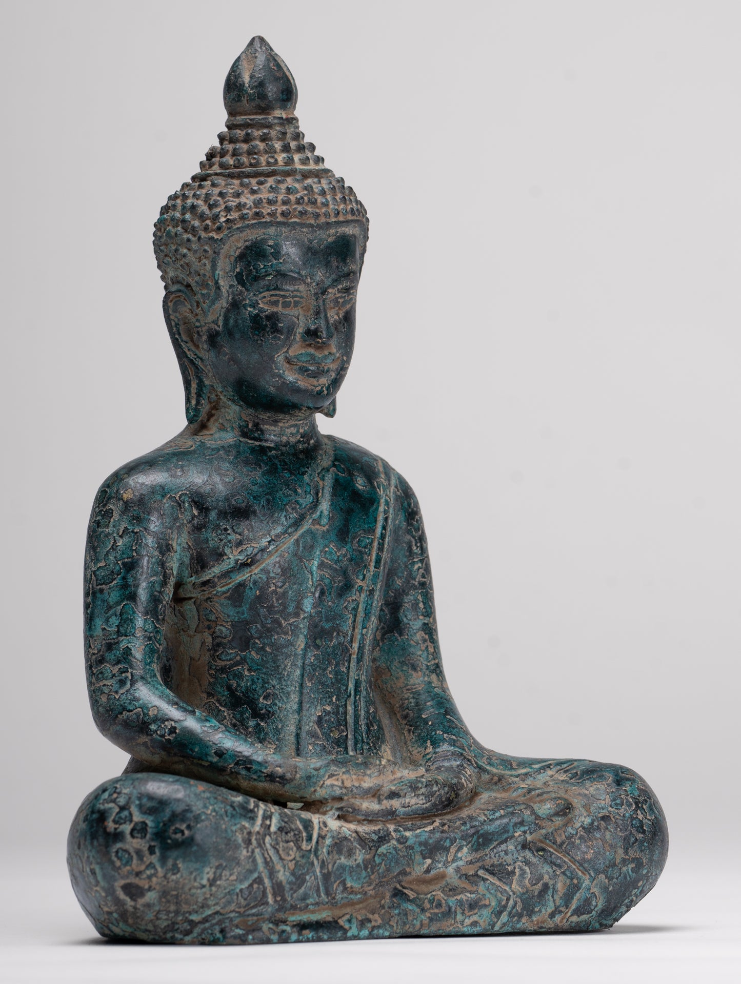 Buddha Statue - Antique Khmer Style Bronze Meditation Buddha Statue - 18cm/7"