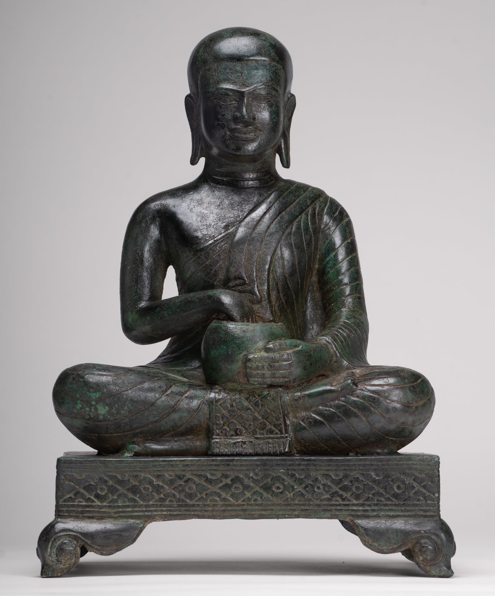 Antique Thai Style Seated Bronze Monk Statue - 33cm/13"