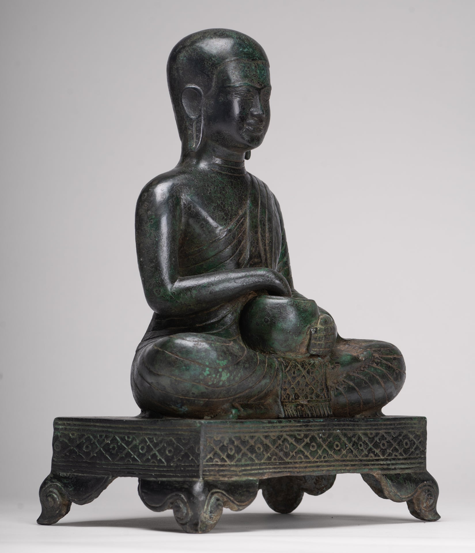 Antique Thai Style Seated Bronze Monk Statue - 33cm/13"