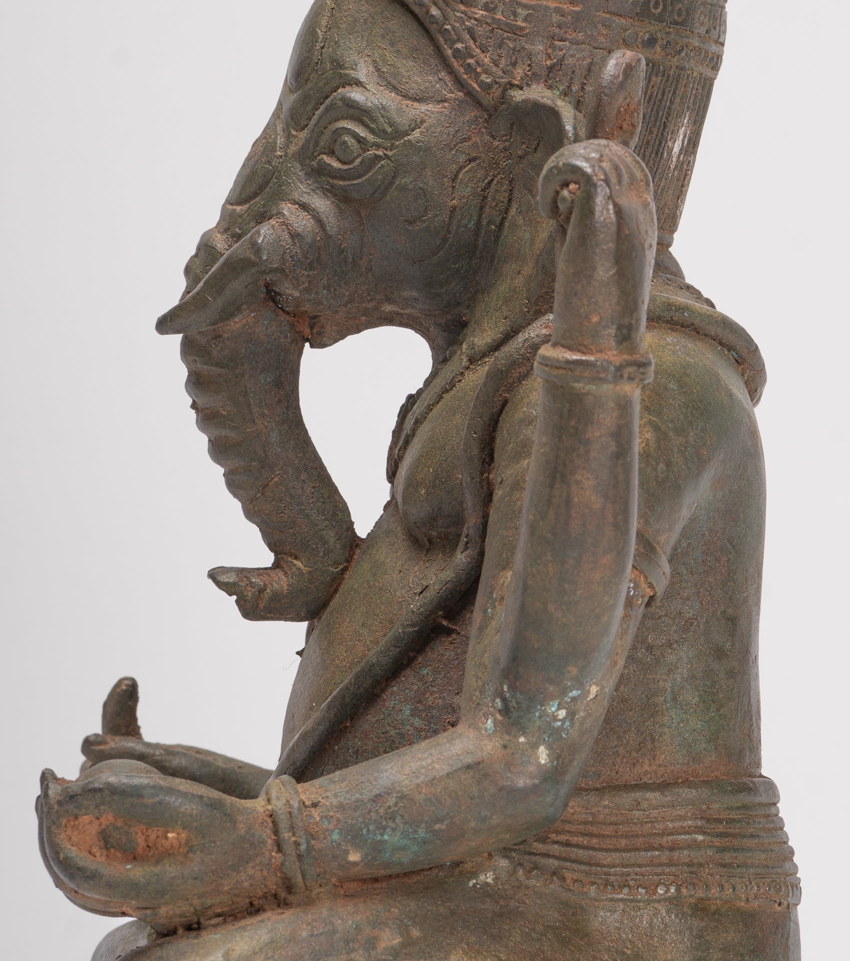 Antique Thai Style Bronze Seated Green 4-Arm Ganesha Statue - 31cm/12"