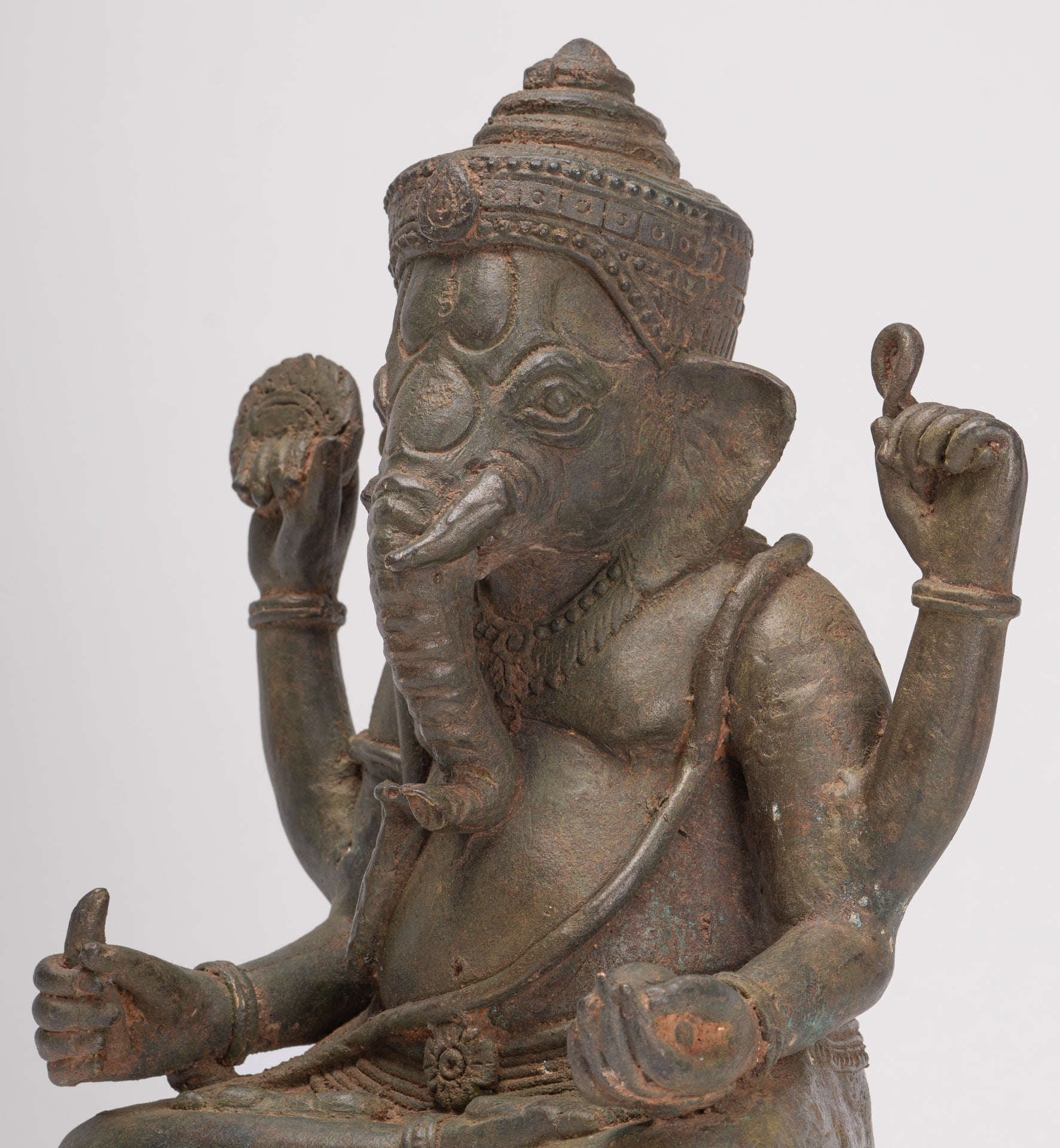 Antique Thai Style Bronze Seated Green 4-Arm Ganesha Statue - 31cm/12"