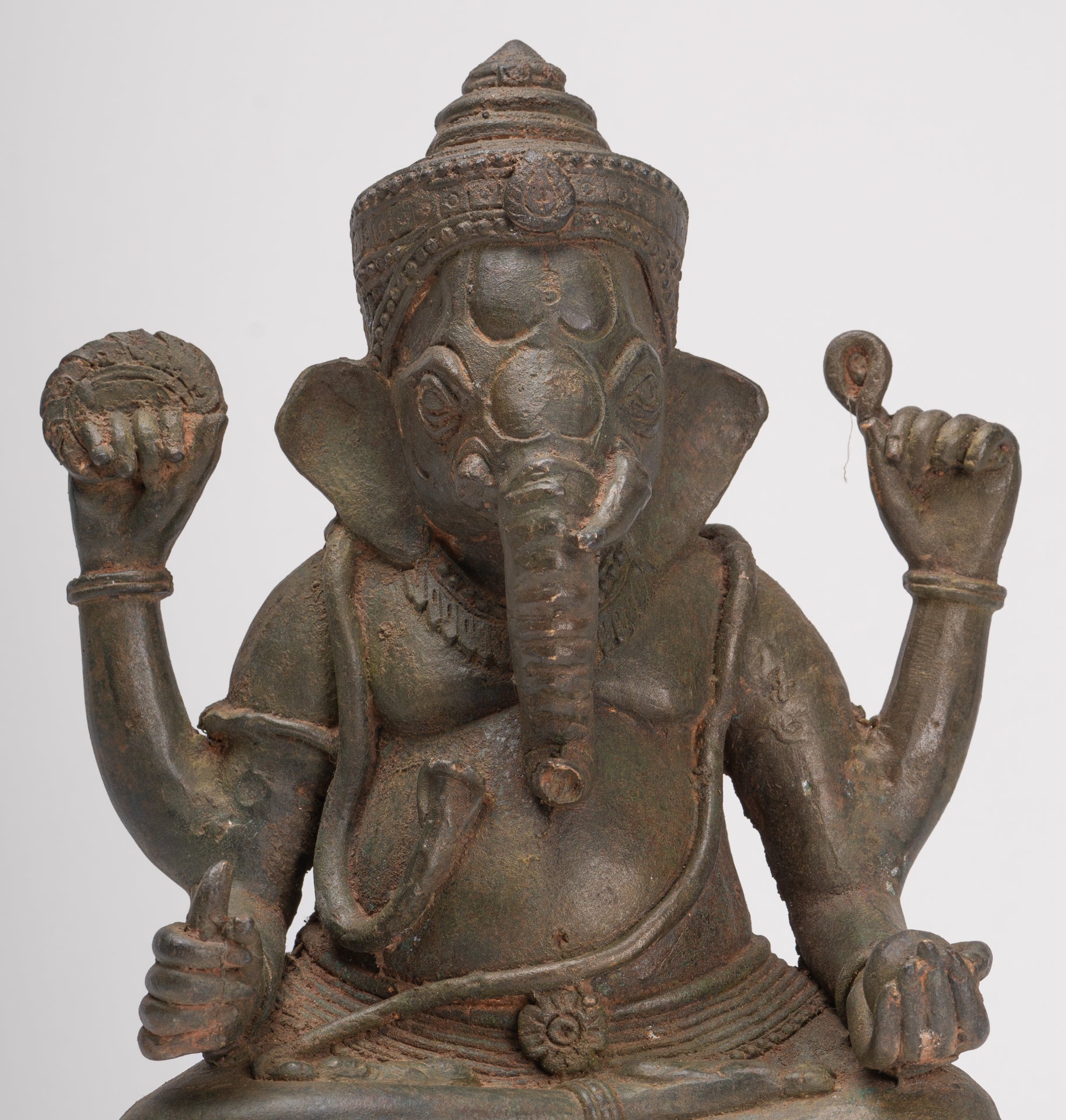 Antique Thai Style Bronze Seated Green 4-Arm Ganesha Statue - 31cm/12"
