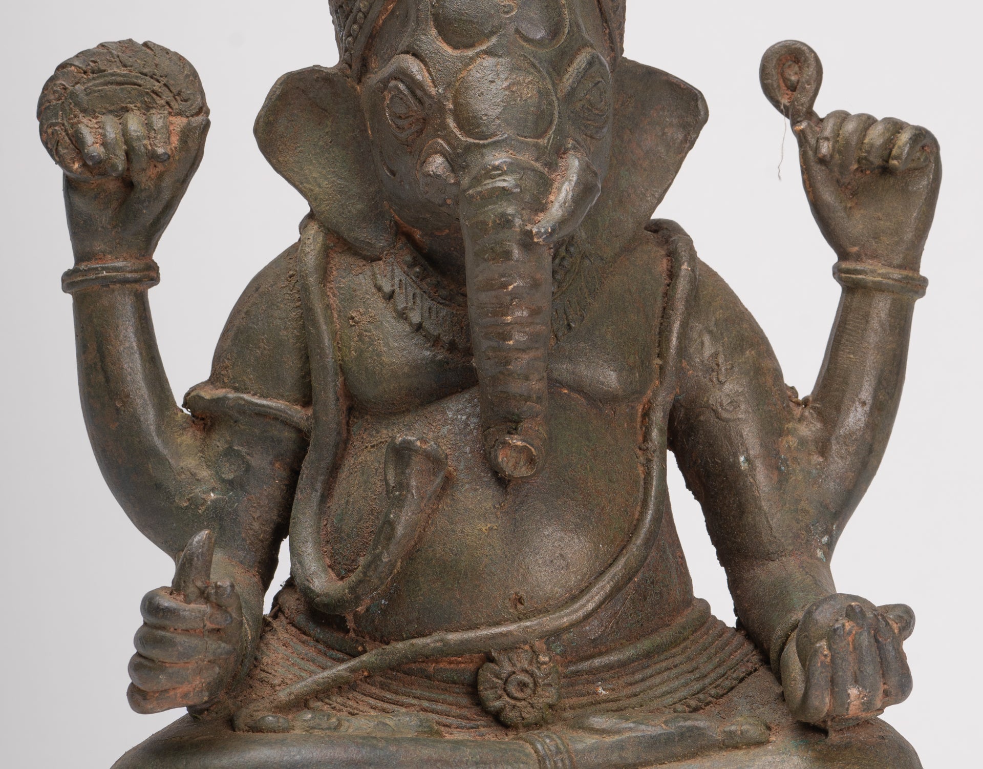 Antique Thai Style Bronze Seated Green 4-Arm Ganesha Statue - 31cm/12"