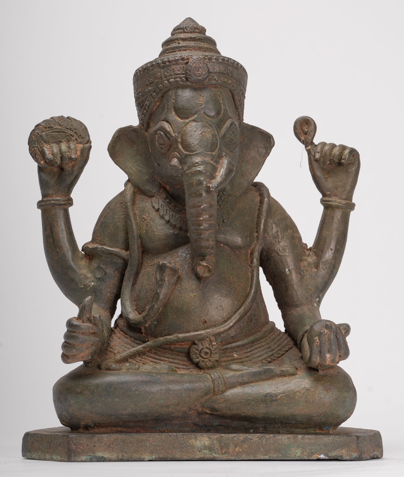 Antique Thai Style Bronze Seated Green 4-Arm Ganesha Statue - 31cm/12"