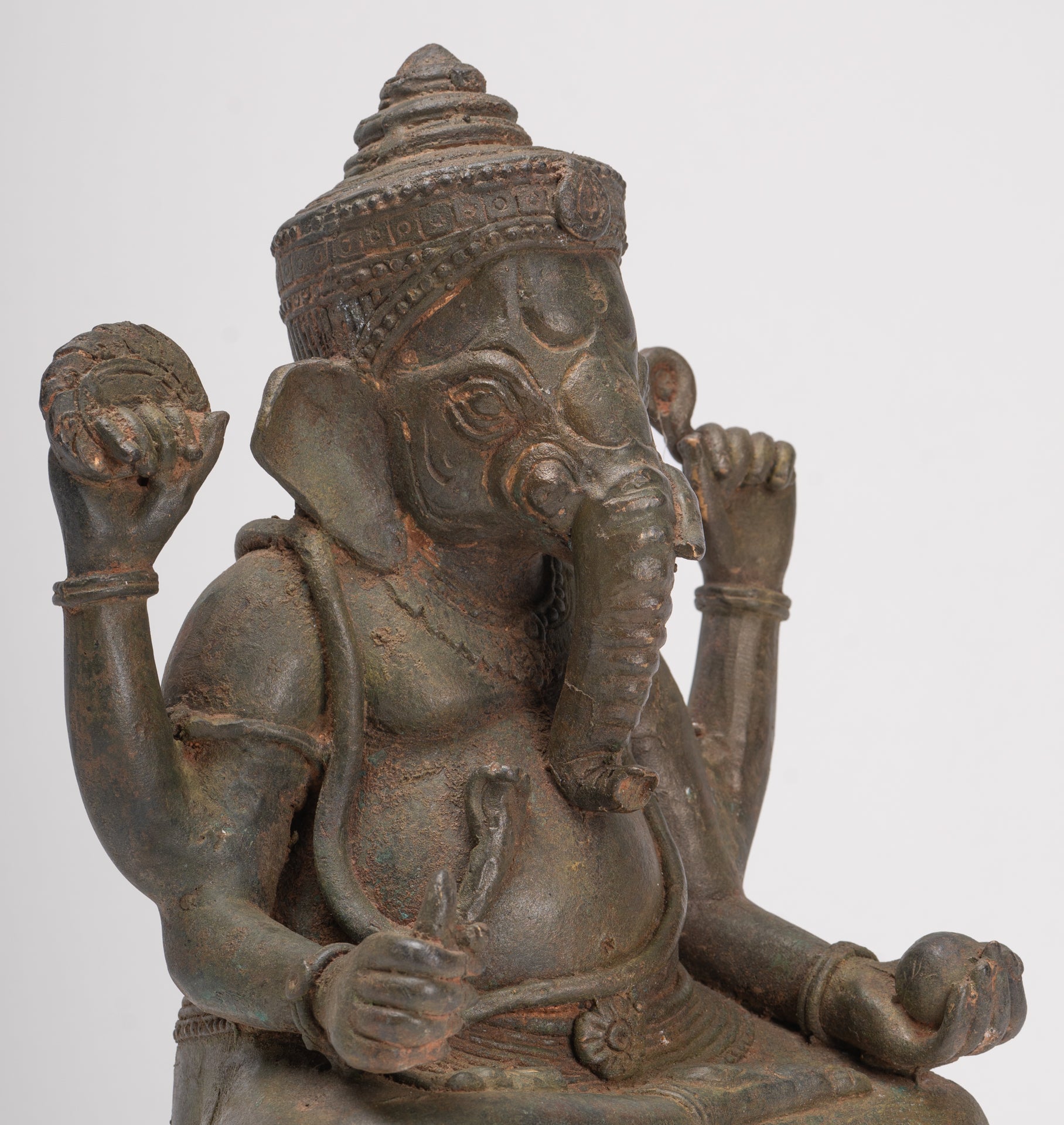 Antique Thai Style Bronze Seated Green 4-Arm Ganesha Statue - 31cm/12"