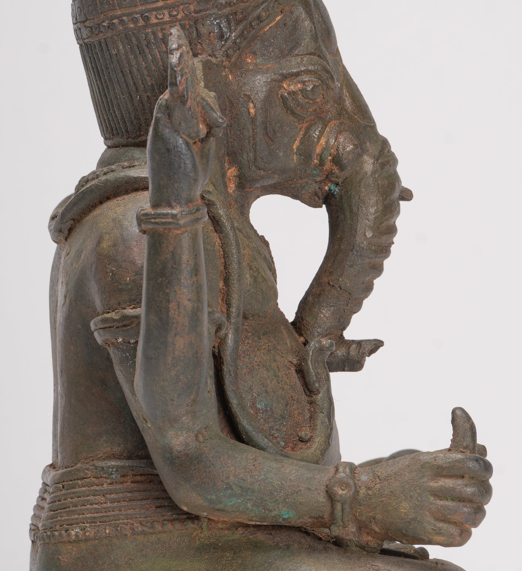 Antique Thai Style Bronze Seated Green 4-Arm Ganesha Statue - 31cm/12"