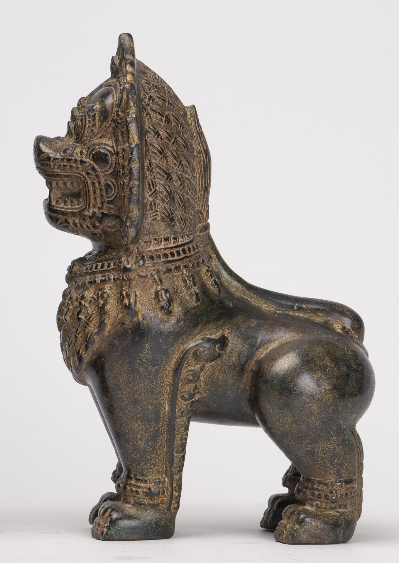 Temple Lions - Antique Khmer Style Bronze Standing Temple Guardian or Lions (Pair) - 21.5cm/9"