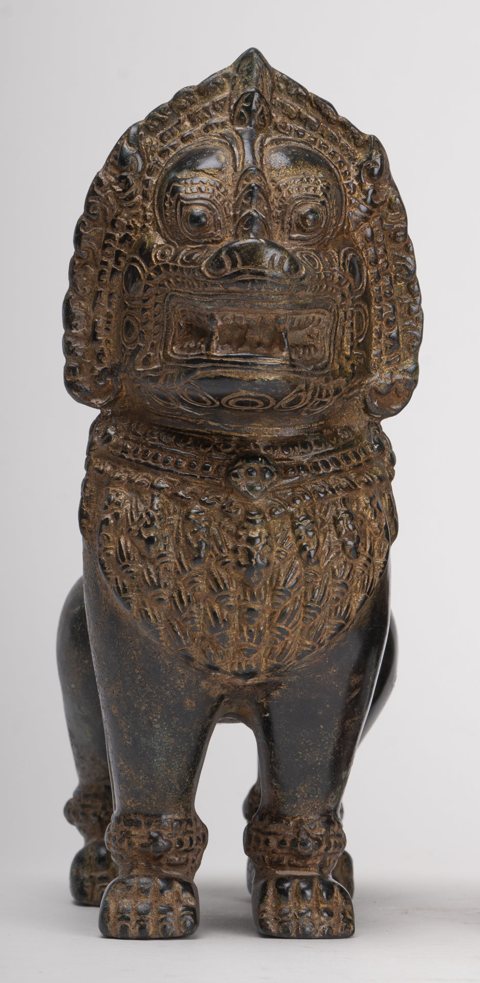 Temple Lions - Antique Khmer Style Bronze Standing Temple Guardian or Lions (Pair) - 21.5cm/9"