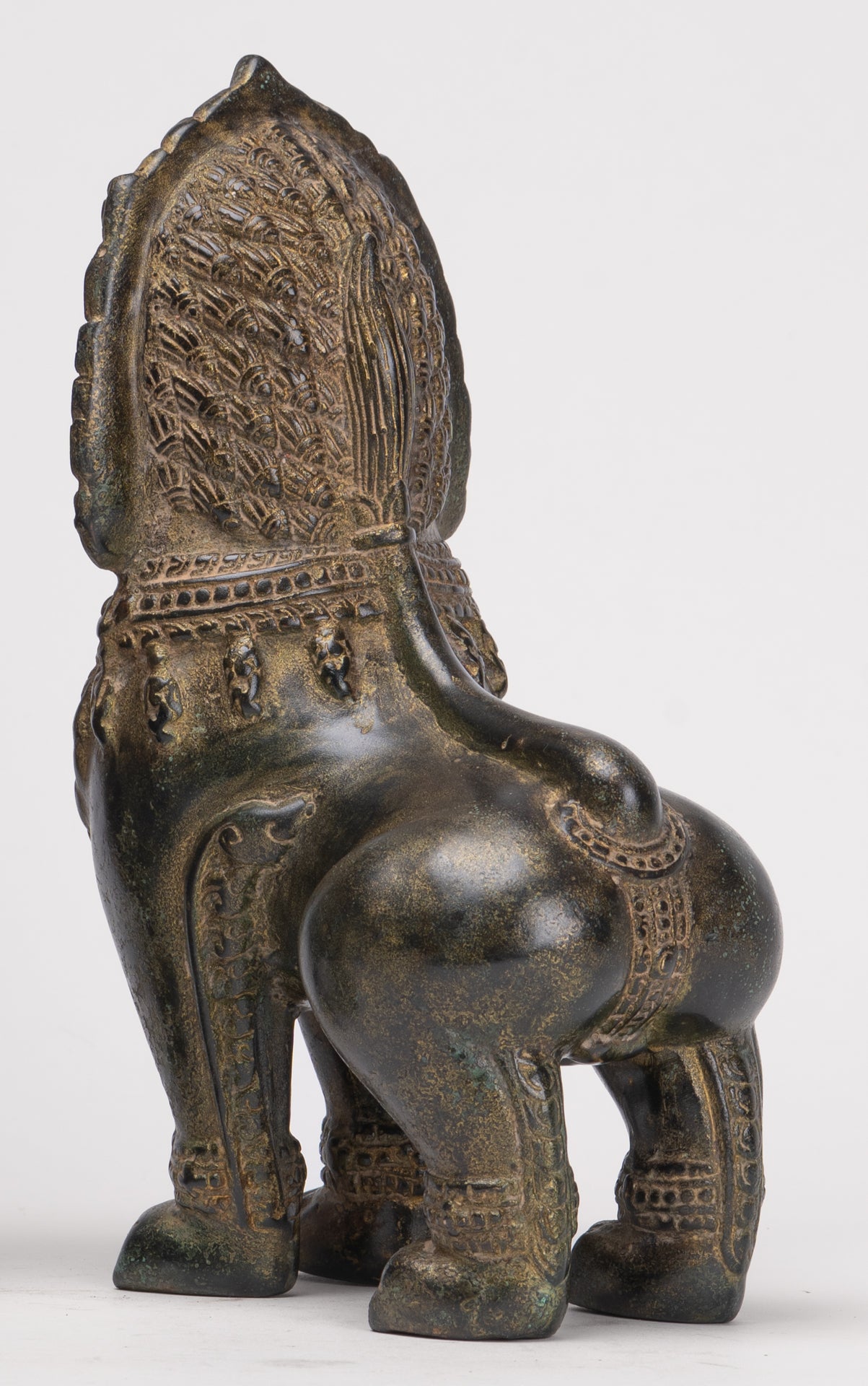 Temple Lions - Antique Khmer Style Bronze Standing Temple Guardian or Lions (Pair) - 21.5cm/9"