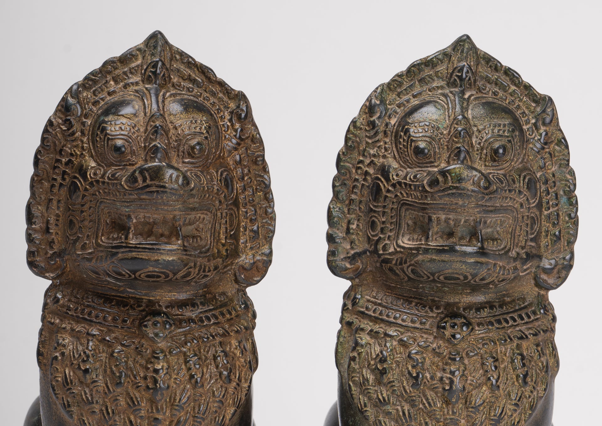 Temple Lions - Antique Khmer Style Bronze Standing Temple Guardian or Lions (Pair) - 21.5cm/9"