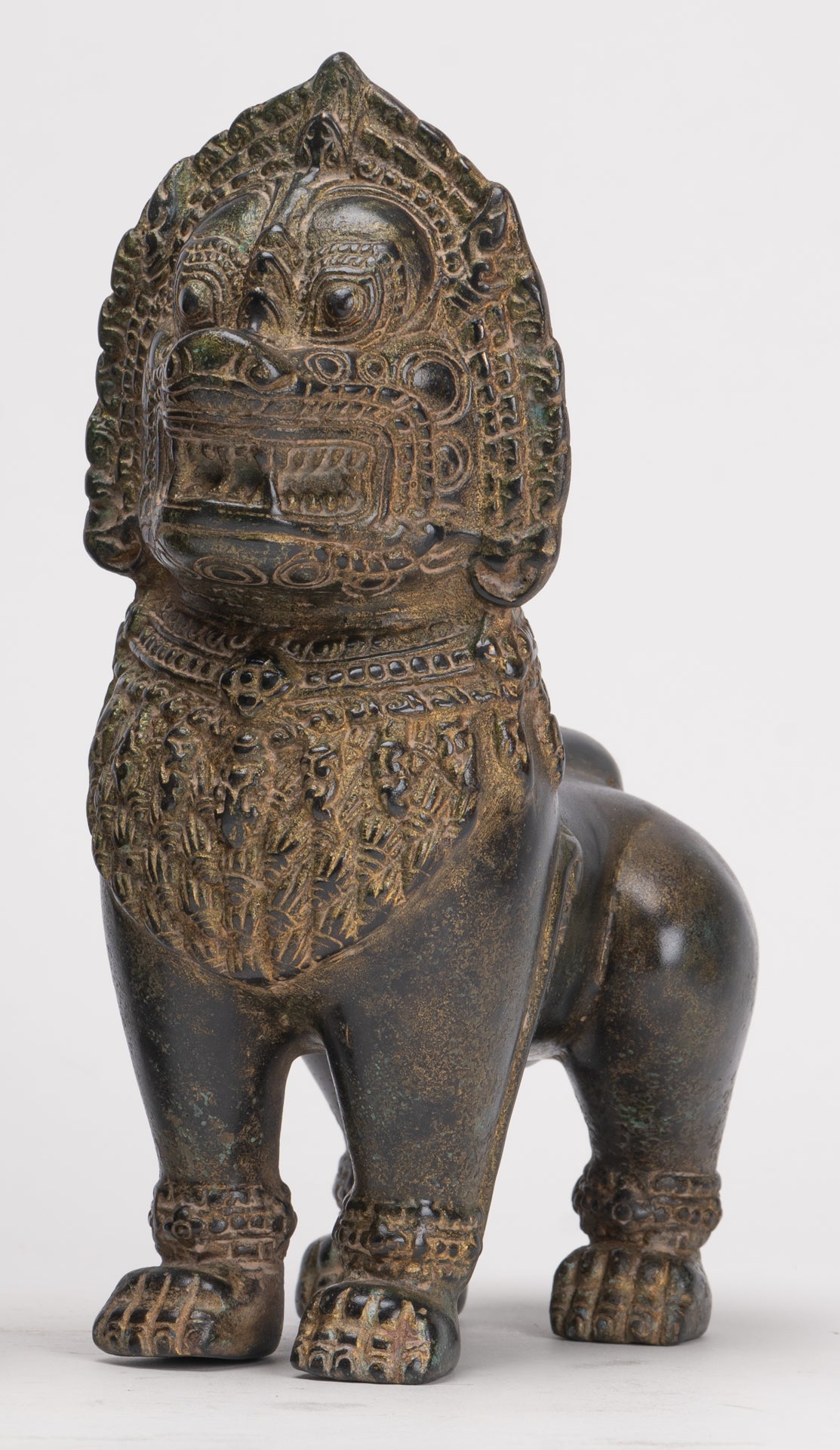 Temple Lions - Antique Khmer Style Bronze Standing Temple Guardian or Lions (Pair) - 21.5cm/9"