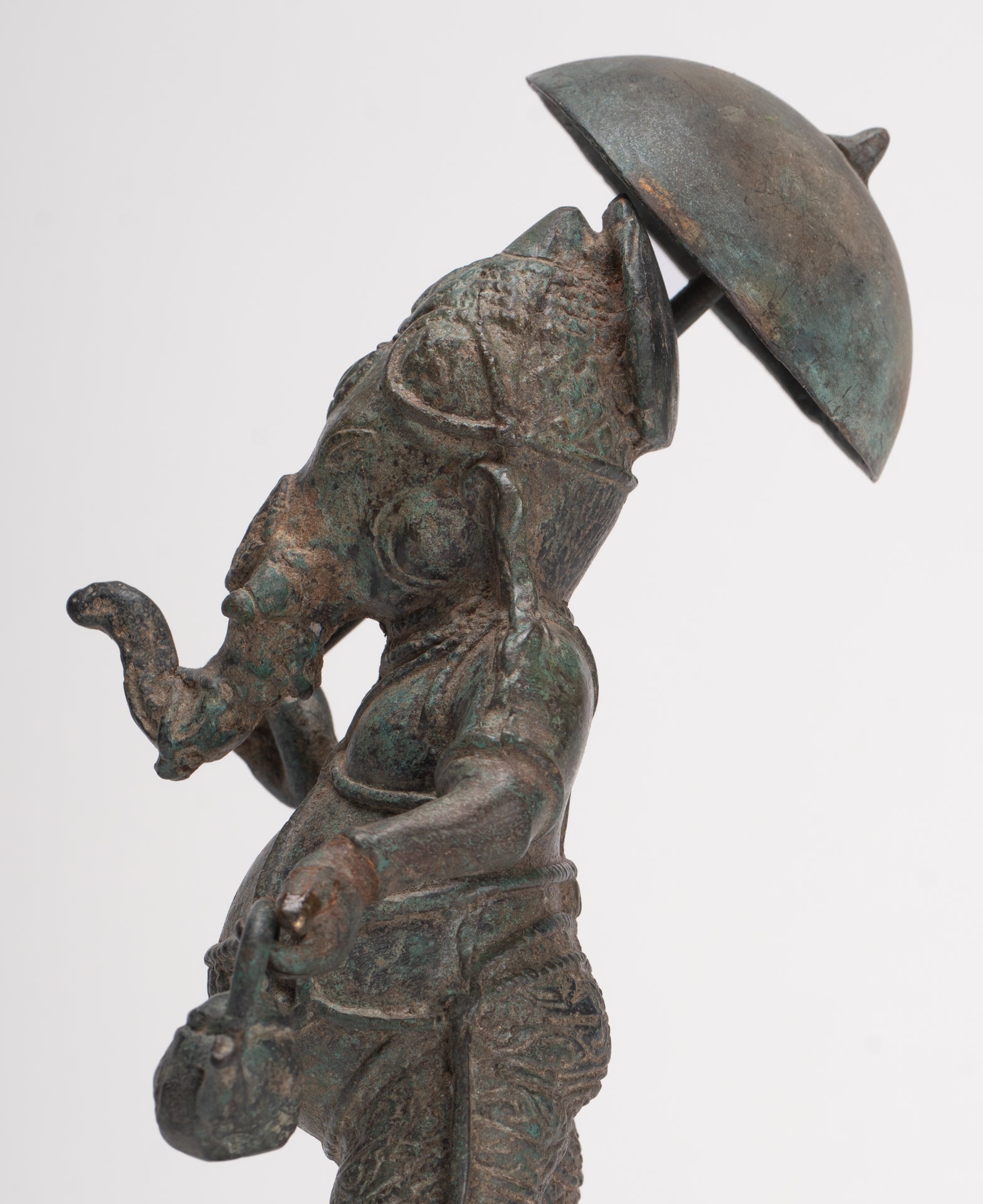 Antique Chola Style Standing Bronze Bridegroom or Mappillai Ganesha Statue w/Umbrella - 22cm/9"