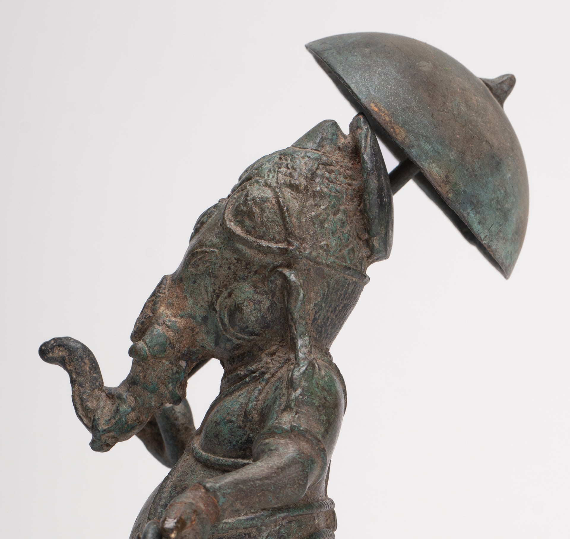 Antique Chola Style Standing Bronze Bridegroom or Mappillai Ganesha Statue w/Umbrella - 22cm/9"
