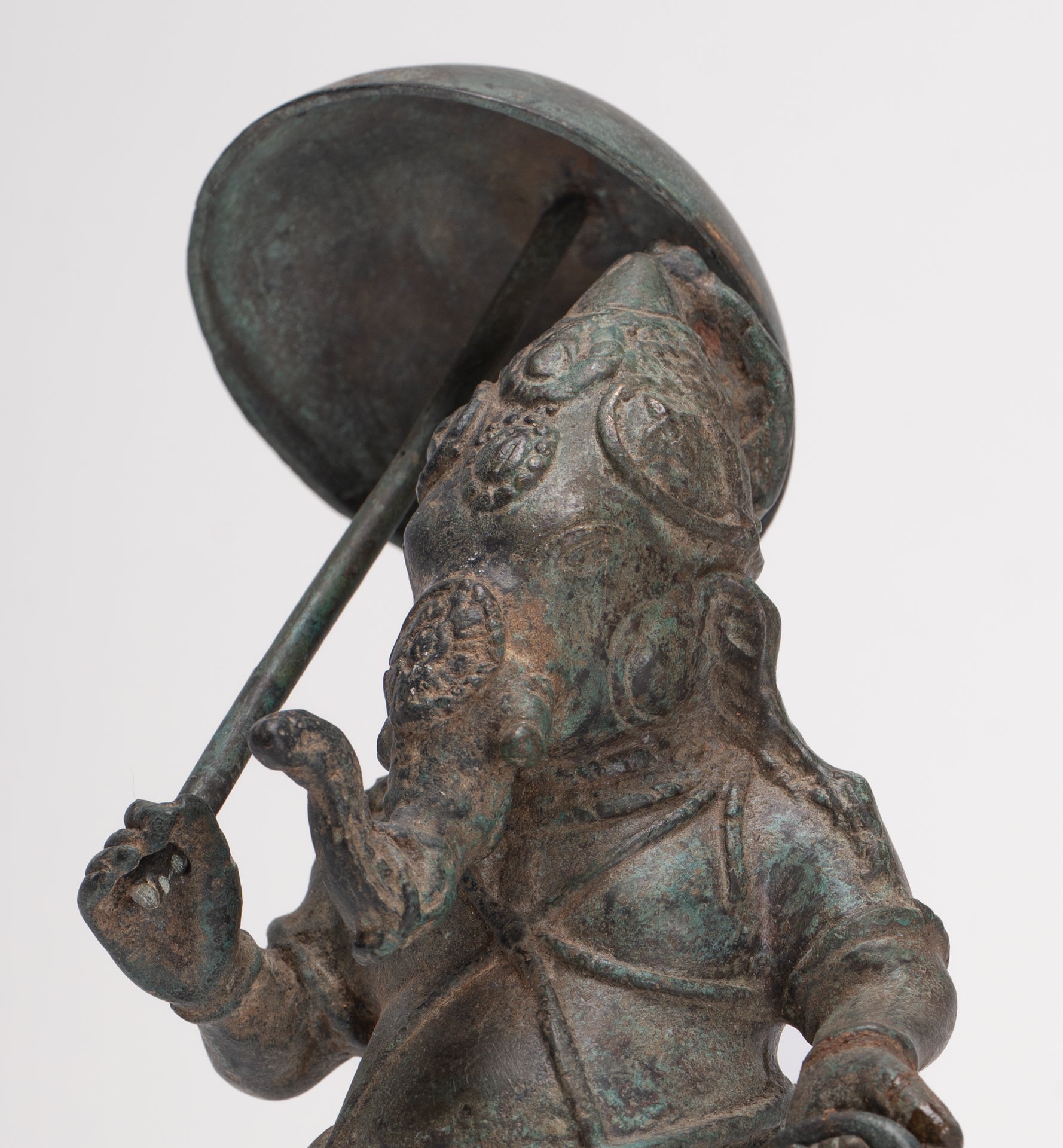 Antique Chola Style Standing Bronze Bridegroom or Mappillai Ganesha Statue w/Umbrella - 22cm/9"