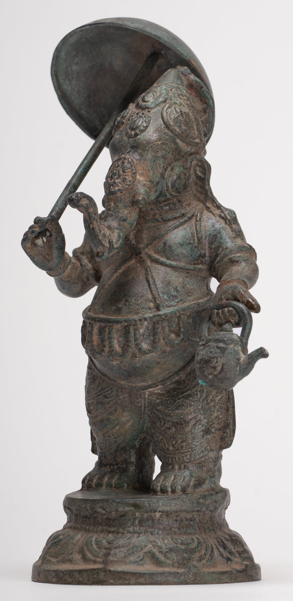 Antique Chola Style Standing Bronze Bridegroom or Mappillai Ganesha Statue w/Umbrella - 22cm/9"