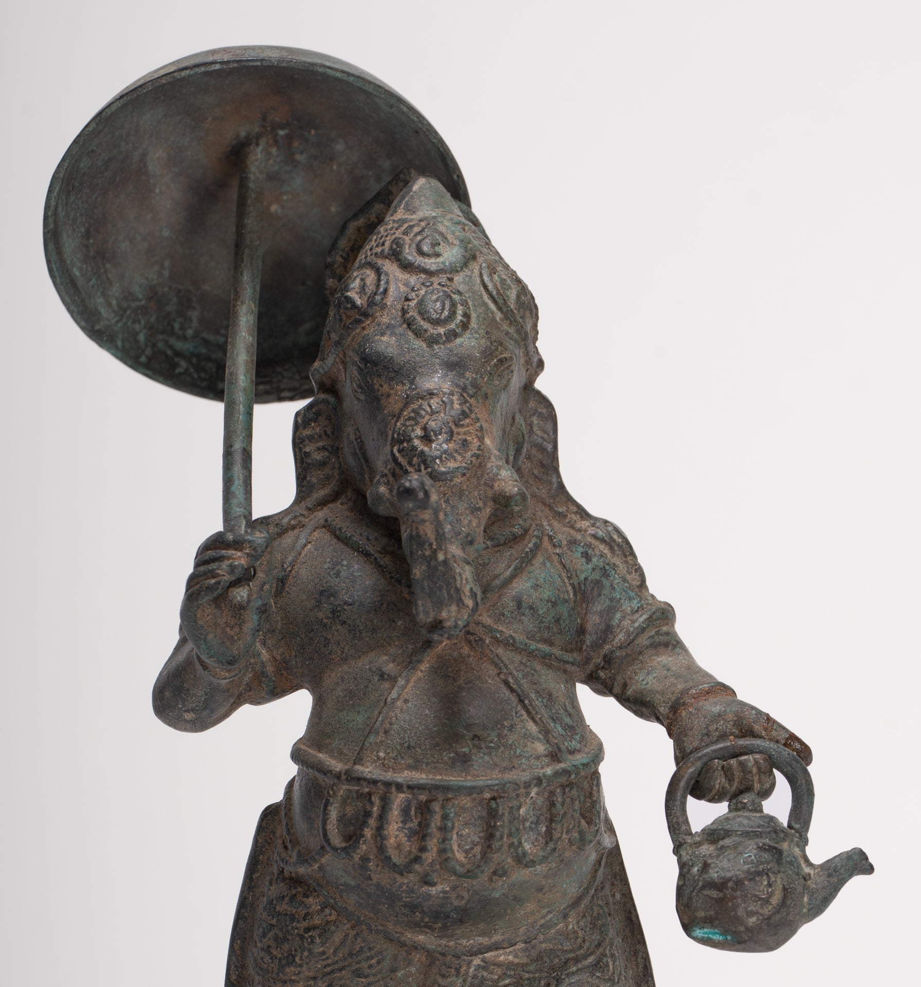 Antique Chola Style Standing Bronze Bridegroom or Mappillai Ganesha Statue w/Umbrella - 22cm/9"