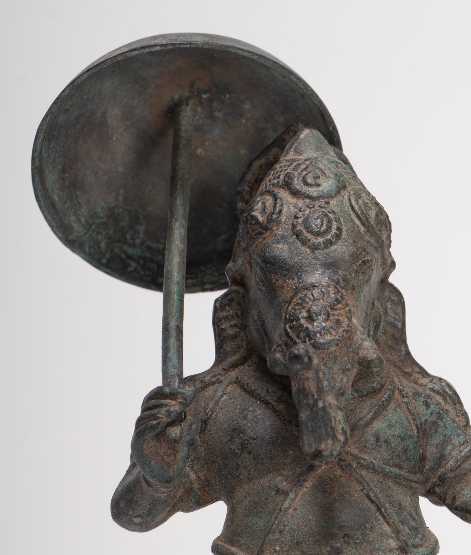 Antique Chola Style Standing Bronze Bridegroom or Mappillai Ganesha Statue w/Umbrella - 22cm/9"
