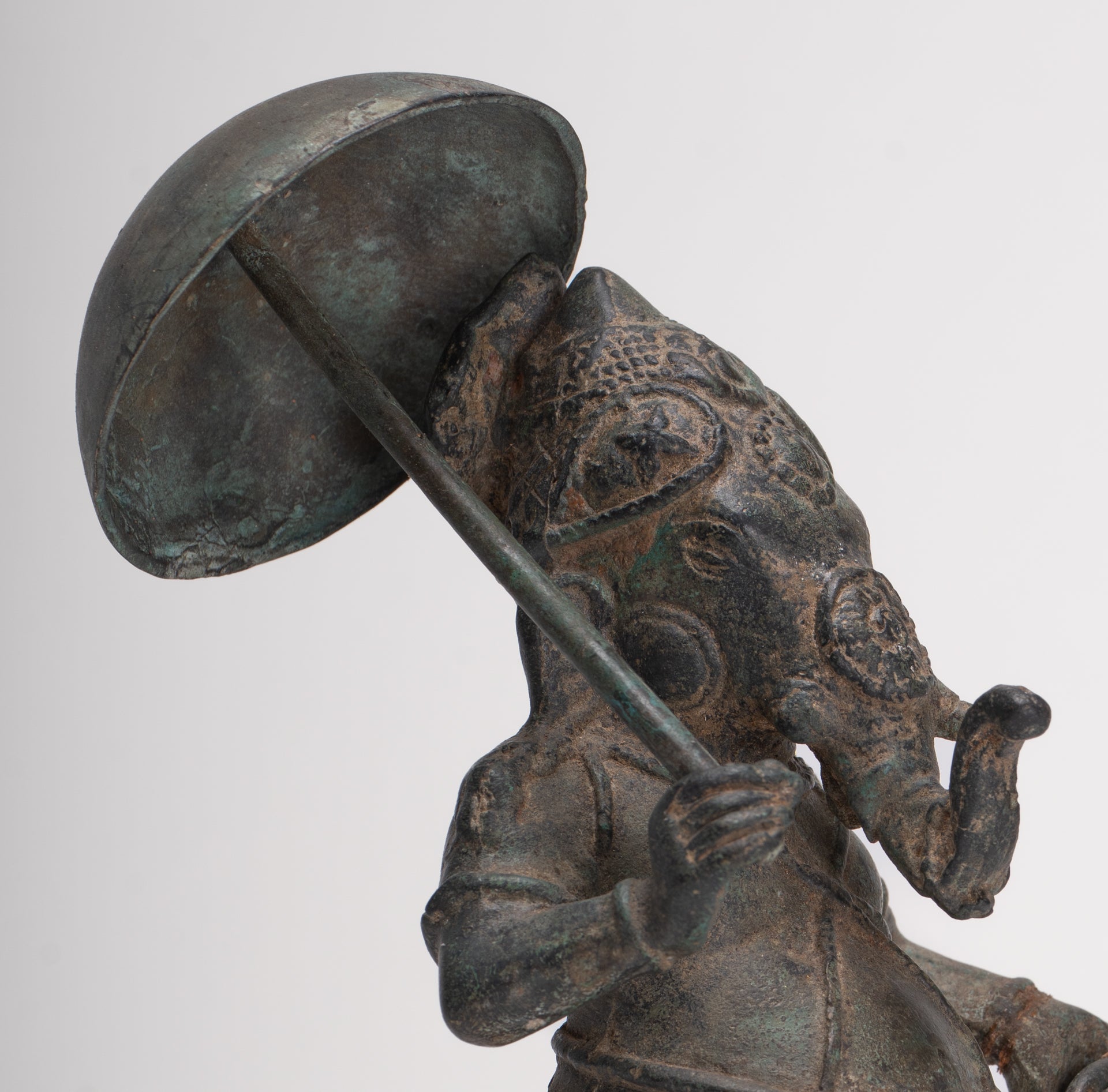 Antique Chola Style Standing Bronze Bridegroom or Mappillai Ganesha Statue w/Umbrella - 22cm/9"