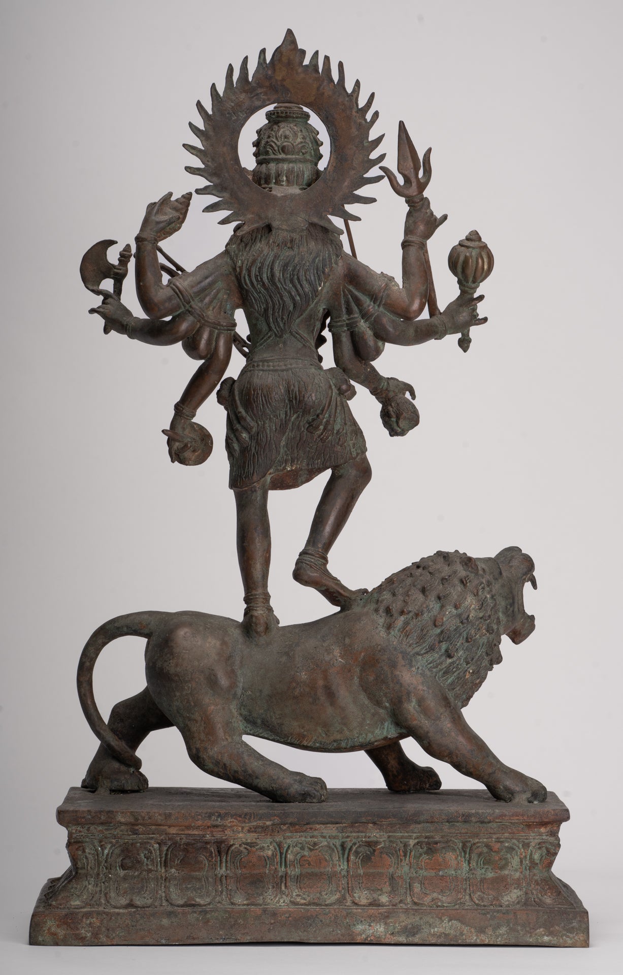 Kali Statue - Antique Java Style Majapahit Bronze Kali Statue on Roaring Lion - 54.5cm/22"
