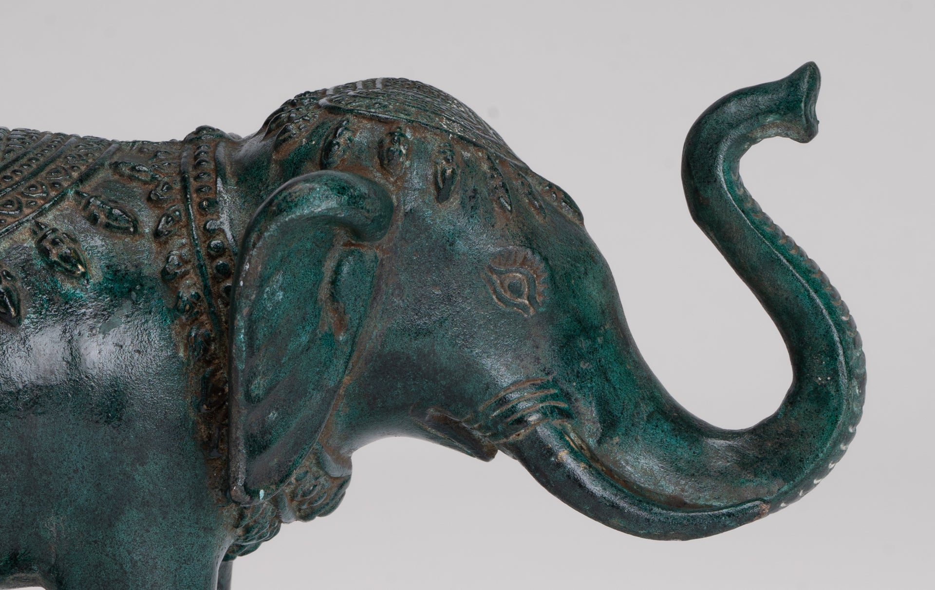 Antique Khmer Style Bronze Trumpeting Elephant Statue - 24cm/10" Long