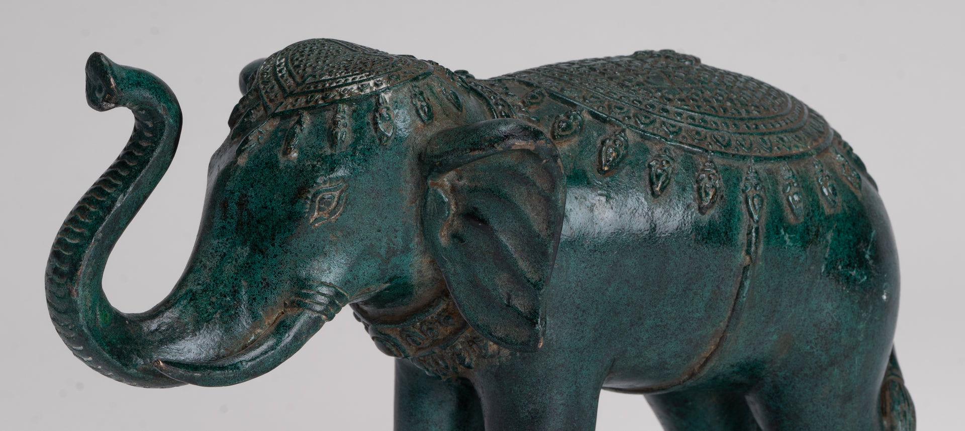 Antique Khmer Style Bronze Trumpeting Elephant Statue - 24cm/10" Long