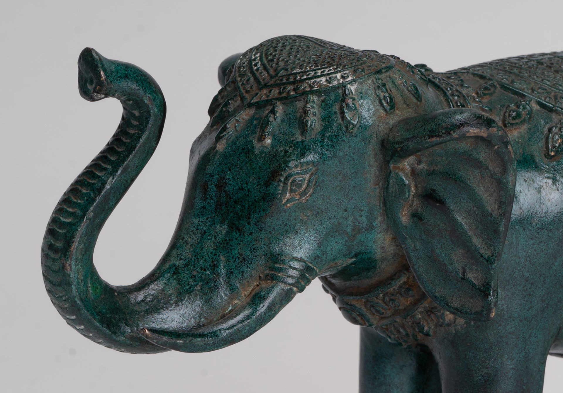 Antique Khmer Style Bronze Trumpeting Elephant Statue - 24cm/10" Long