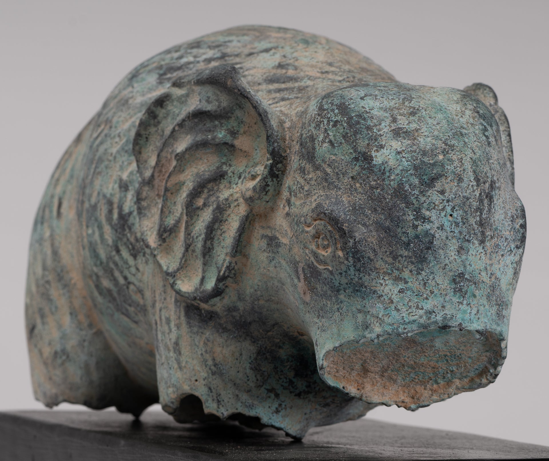 Antique Khmer Style Verdigris Bronze Abstract Elephant Statue - 21cm/8.5"